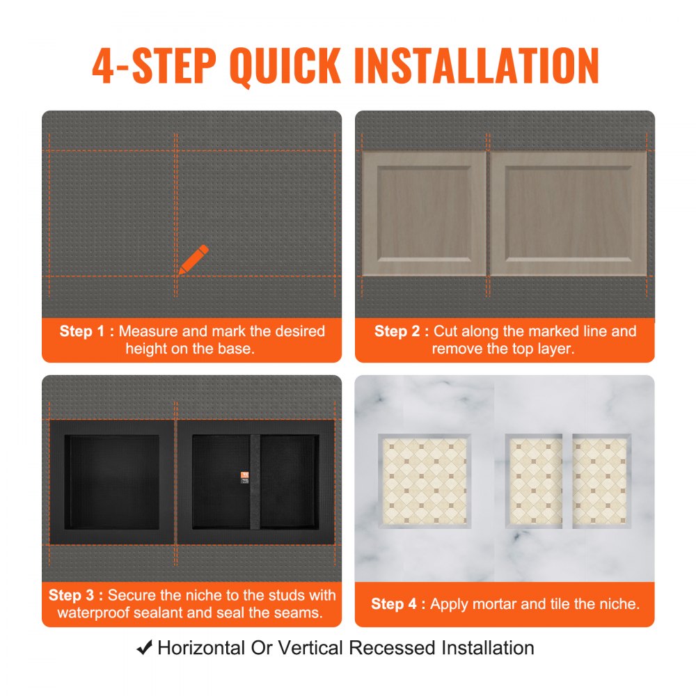 VEVOR Shower Niche Ready for Tile 16" x 16" & 16" x 20", Triple Shelf Organizer, Square Corners Wall-inserted Niche Recessed, Sealed Protection Modern Soap Storage Niche for Shower Bathroom, Black 