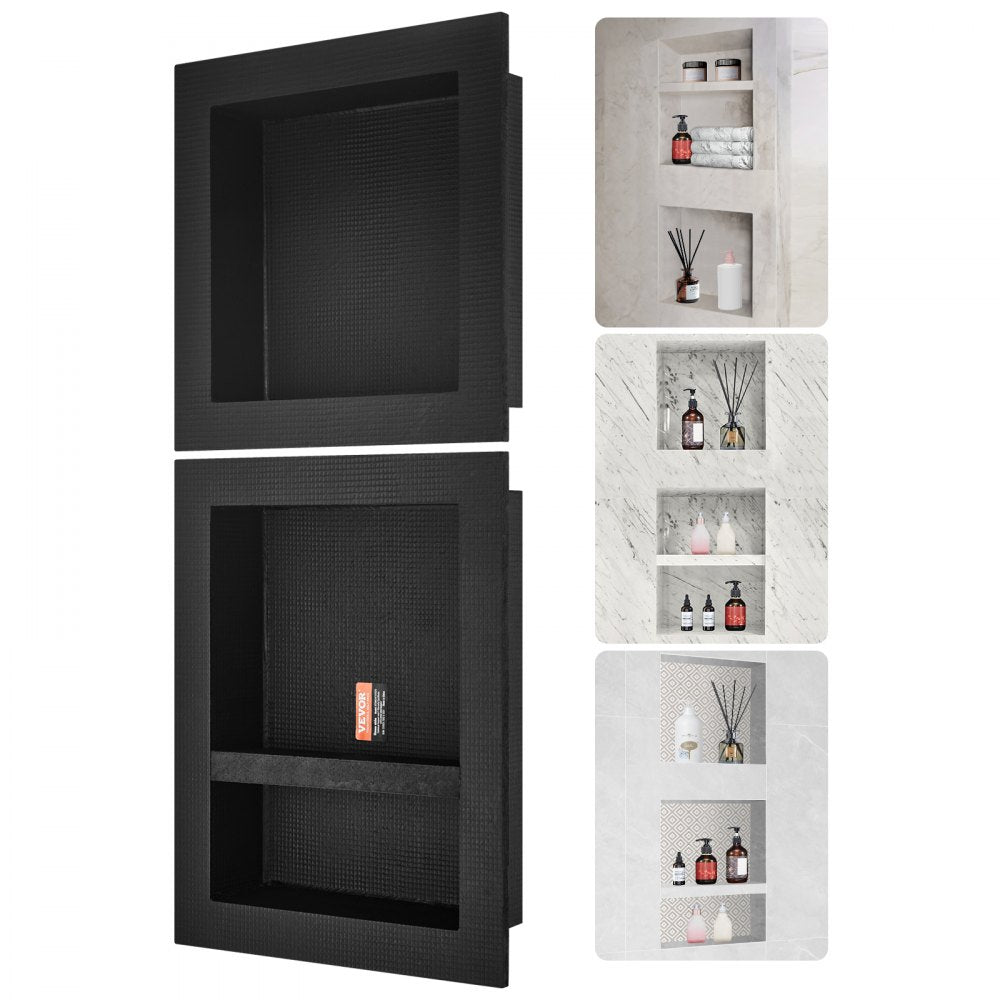 VEVOR Shower Niche Ready for Tile 16" x 16" & 16" x 20", Triple Shelf Organizer, Square Corners Wall-inserted Niche Recessed, Sealed Protection Modern Soap Storage Niche for Shower Bathroom, Black 
