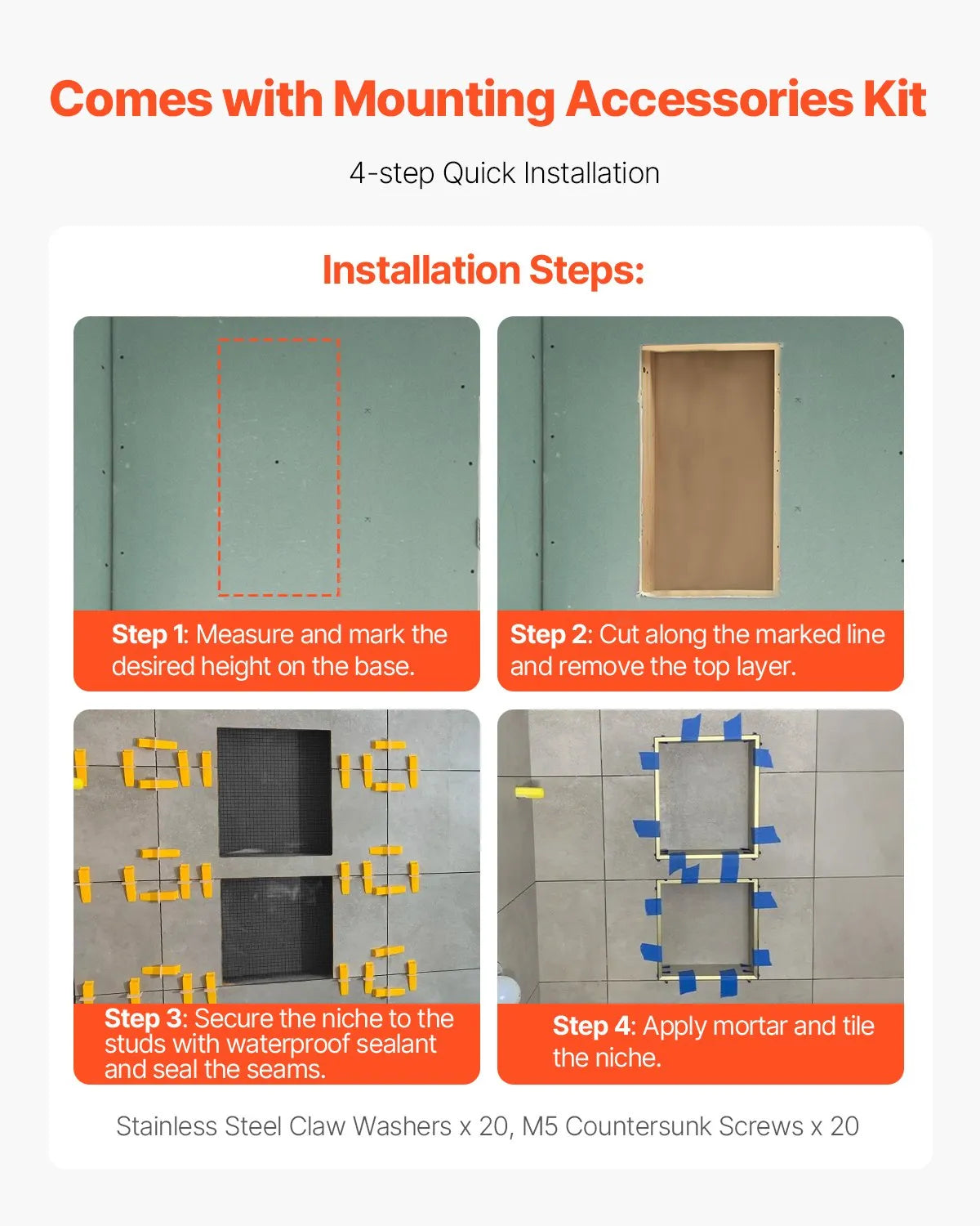 VEVOR Shower Niche 16"x 24"+ 16"x 24"Recessed Wall Organizer for Bathroom