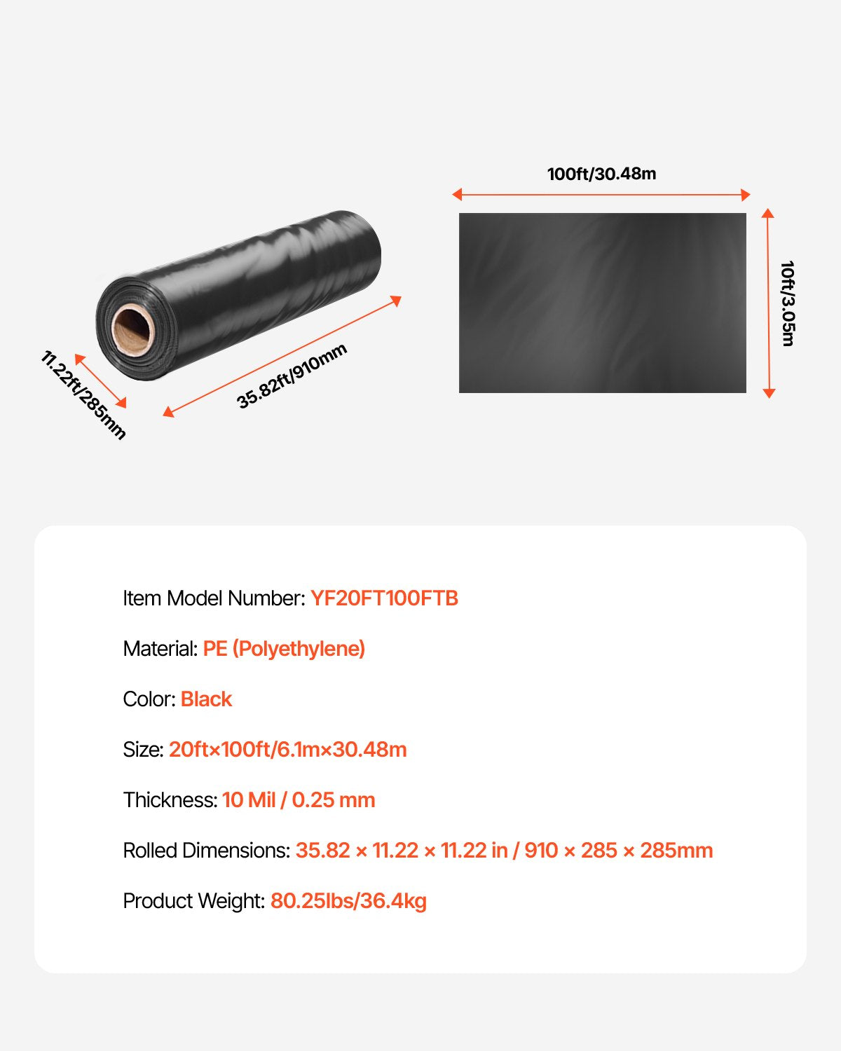 VEVOR 10Mil Plastic Sheeting Roll 20 x 100 FT Heavy Duty Polyethylene Black 