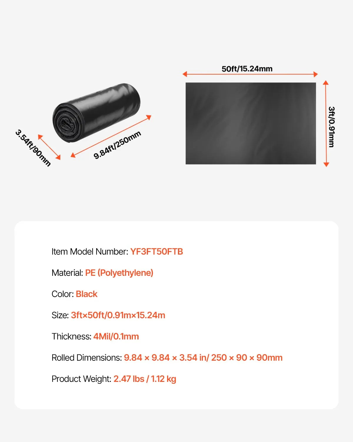 VEVOR 3FT x 50FT Plastic Sheeting Heavy Duty, 4 Mil Thick Plastic Sheeting Roll, Plastic Drop Cloth Painters Tarp, Polyethylene Covering for Crawl Space Vapor Barrier, Multi-Purpose, Black 