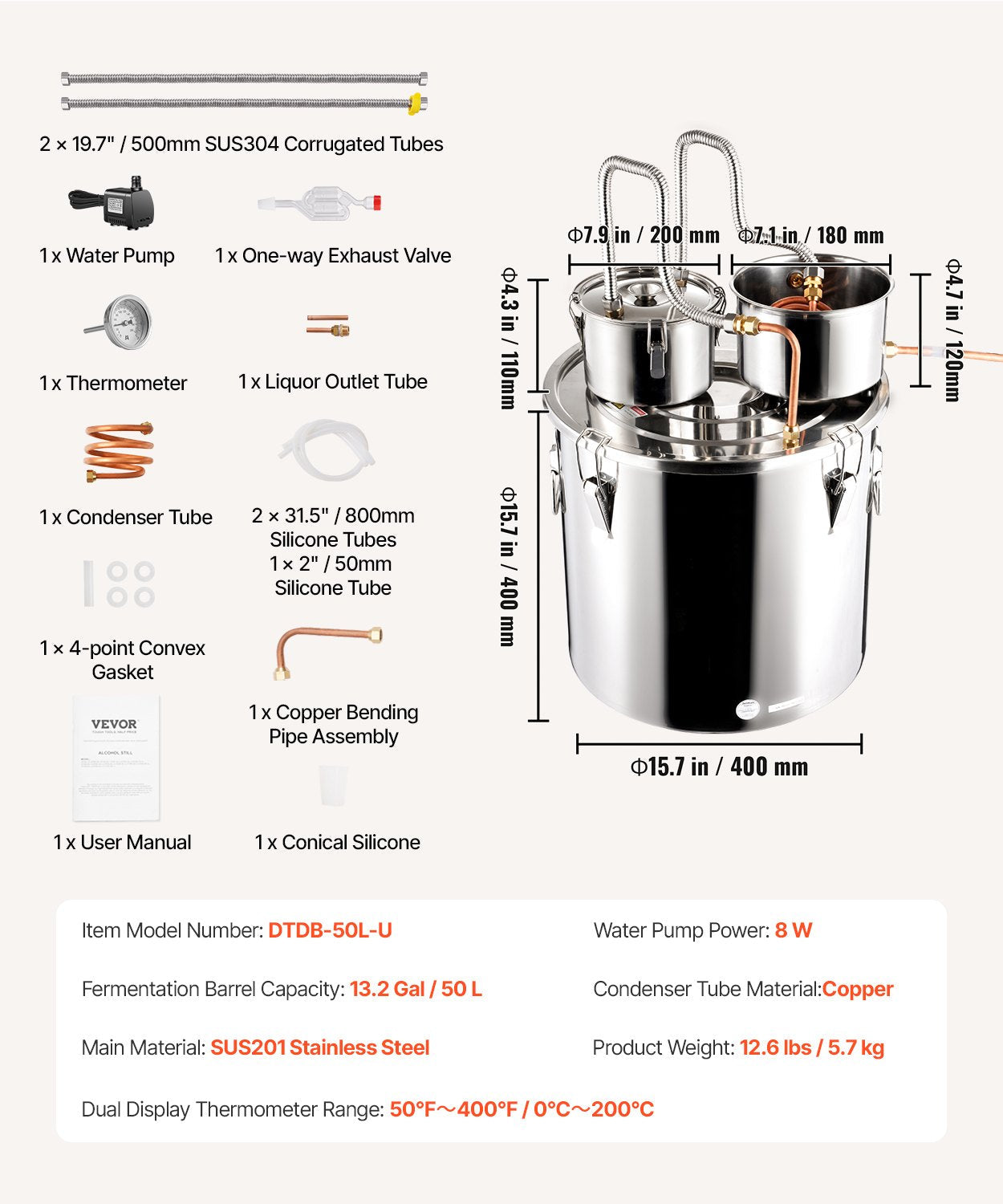 VEVOR Moonshine Still Water Alcohol Distiller 13.2Gal w/Thumper Keg & Water Pump 