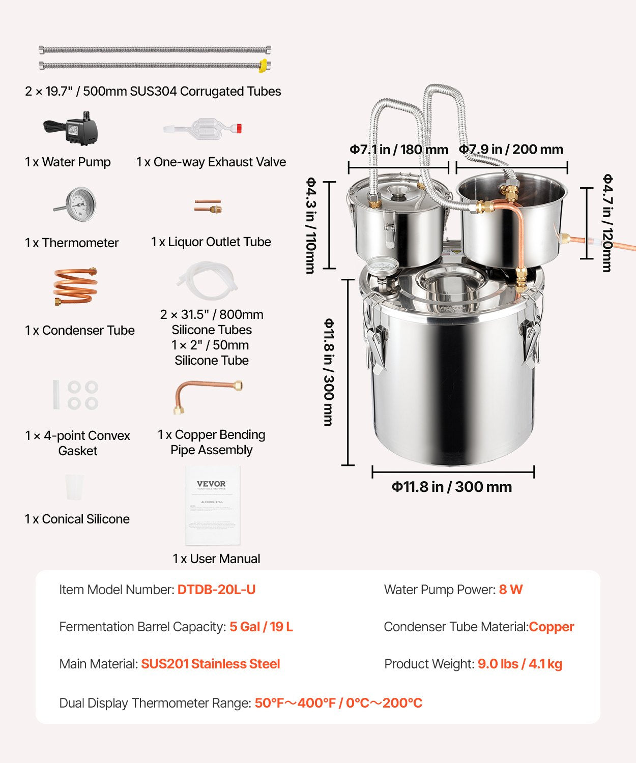 VEVOR Moonshine Still Water Alcohol Distiller 5Gal w/Thumper Keg & 8W Water Pump 