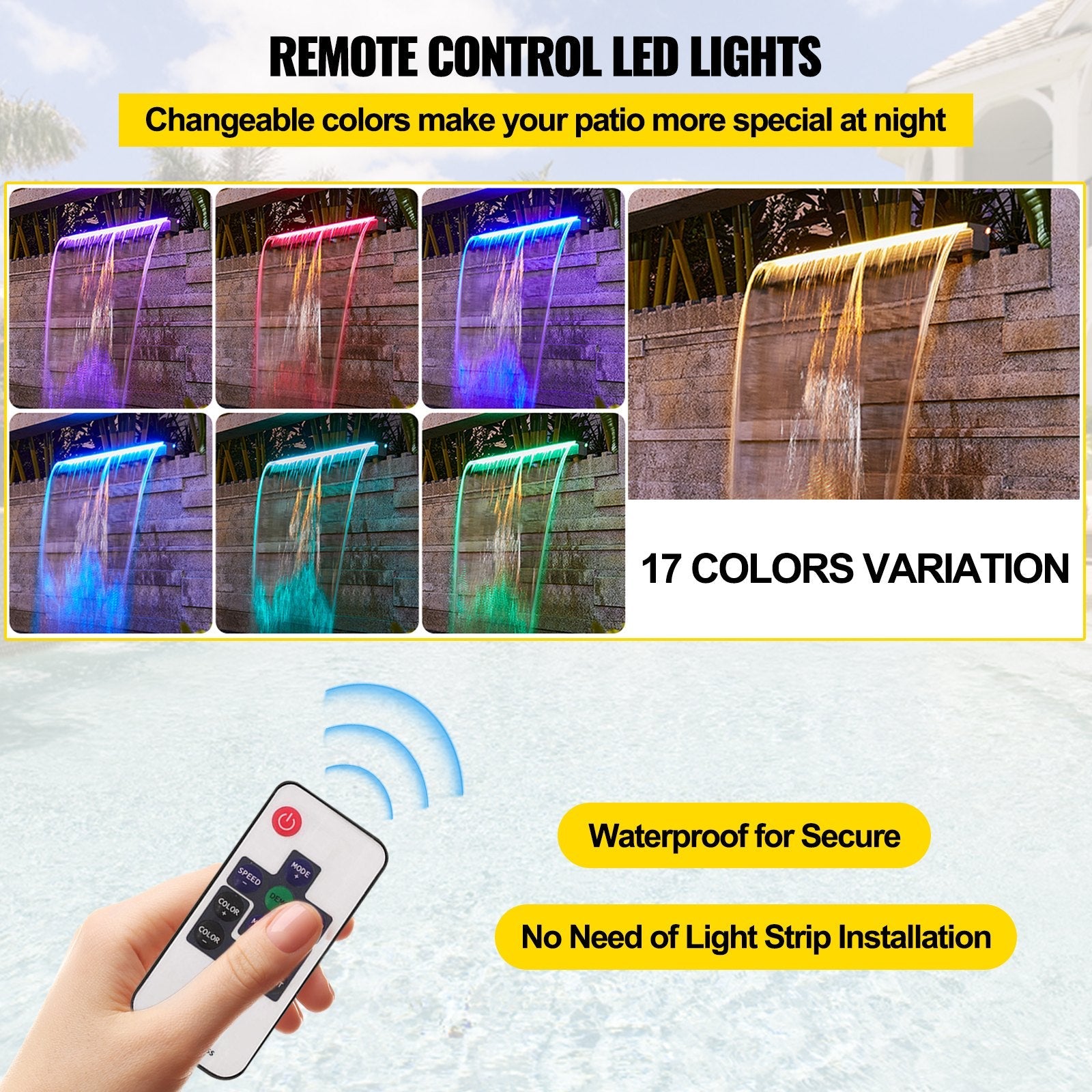 VEVOR Fountain Spillway 36.2x3.2x8.1 Inch, Pool Waterfall Fountain 17 Colors Led, Pool Water Fall Kit With Remote, Pool Spillway Solid Acrylic Pool Waterfall for Garden Pond, Swimming Pool, Square 