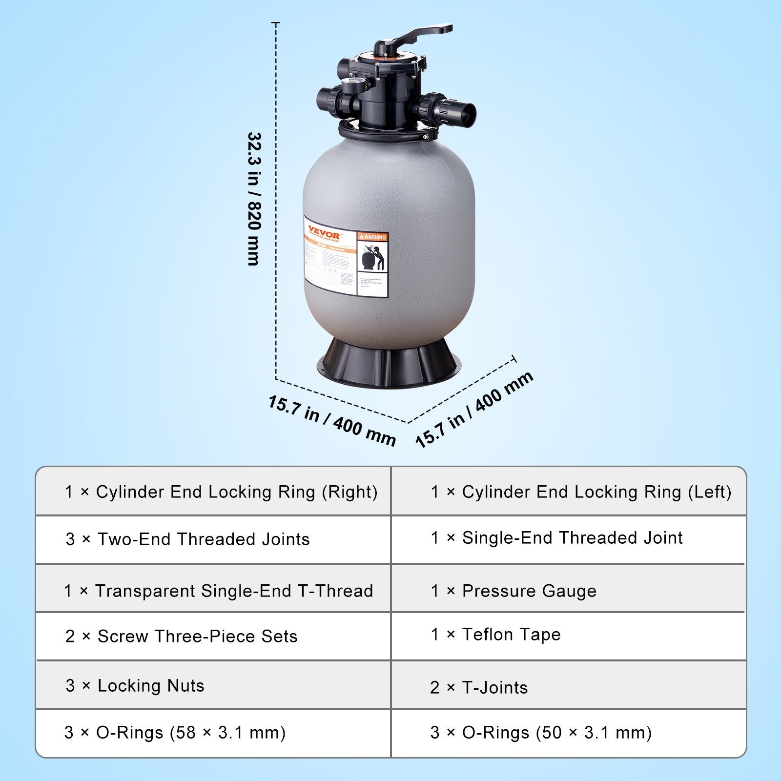 VEVOR Sand Filter, 16-inch, Up to 35 GPM Flow Rate, Above Inground Swimming Pool Sand Filter System with 7-Way Multi-Port Valve, Filter, Backwash, Rinse, Recirculate, Waste, Winter, Closed Functions 