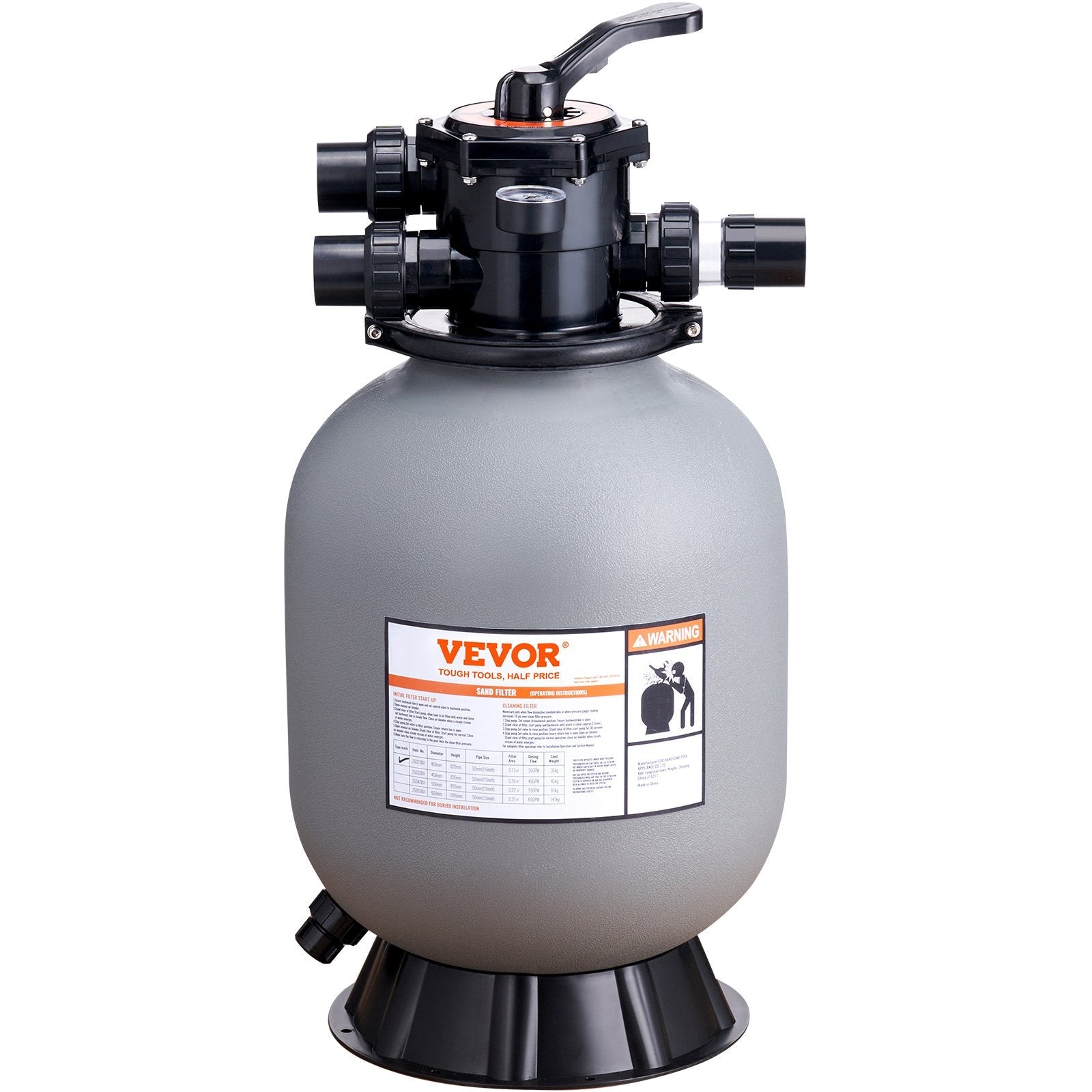 VEVOR Sand Filter, 16-inch, Up to 35 GPM Flow Rate, Above Inground Swimming Pool Sand Filter System with 7-Way Multi-Port Valve, Filter, Backwash, Rinse, Recirculate, Waste, Winter, Closed Functions 