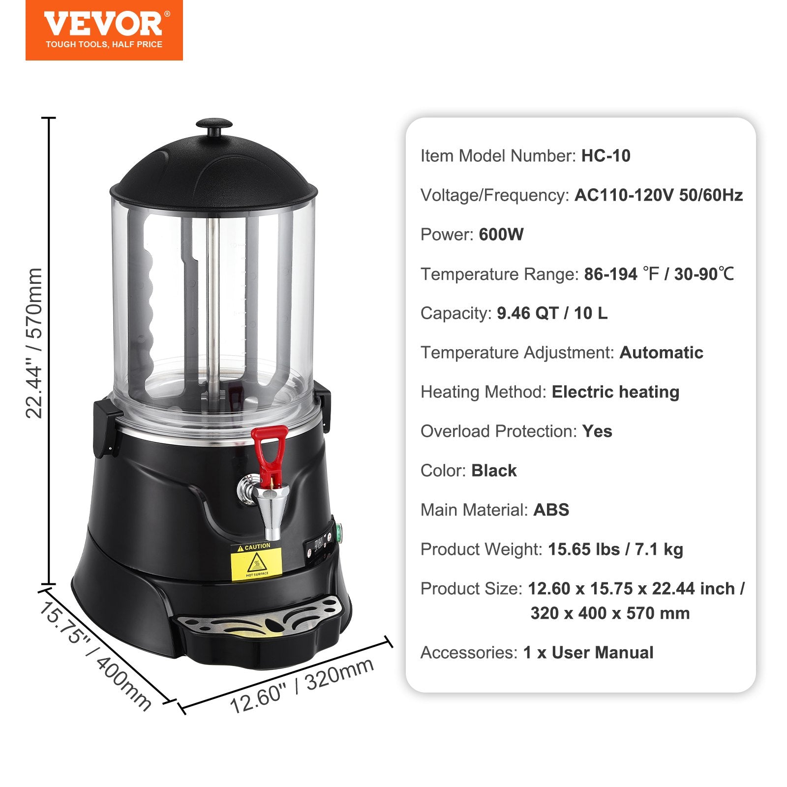 VEVOR Hot Chocolate Dispenser 2.6 Gal / 10 L Hot Chocolate Machine for Hot Drink 