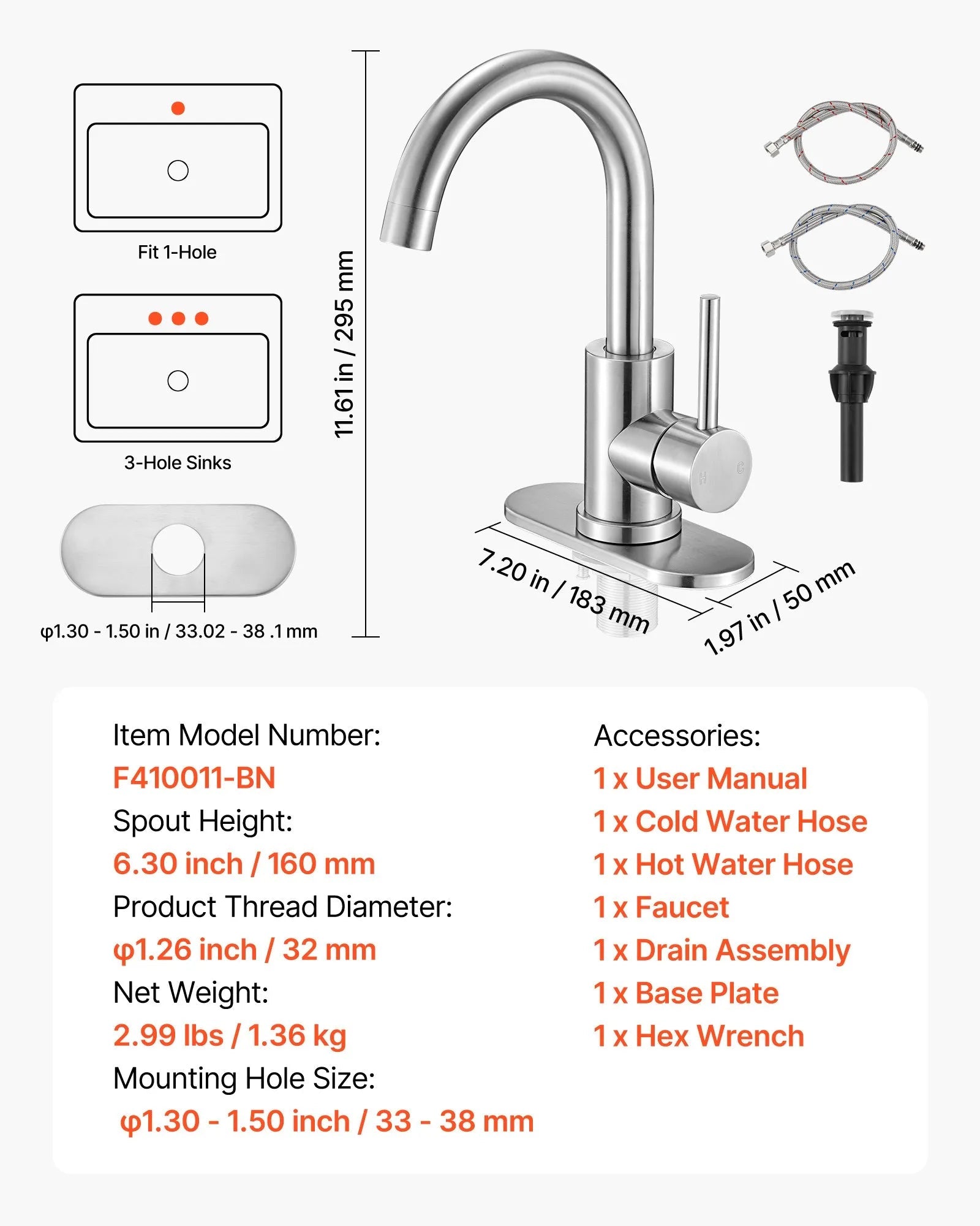 VEVOR Single Handle Sink Faucet, Kitchen Faucet Brushed Nickel Single Handle, Kitchen Water Faucets with Anti-Splash Aerator, Suitable for Bathroom, RV, Bar Sink, Public Restroom, High Arc Spout 