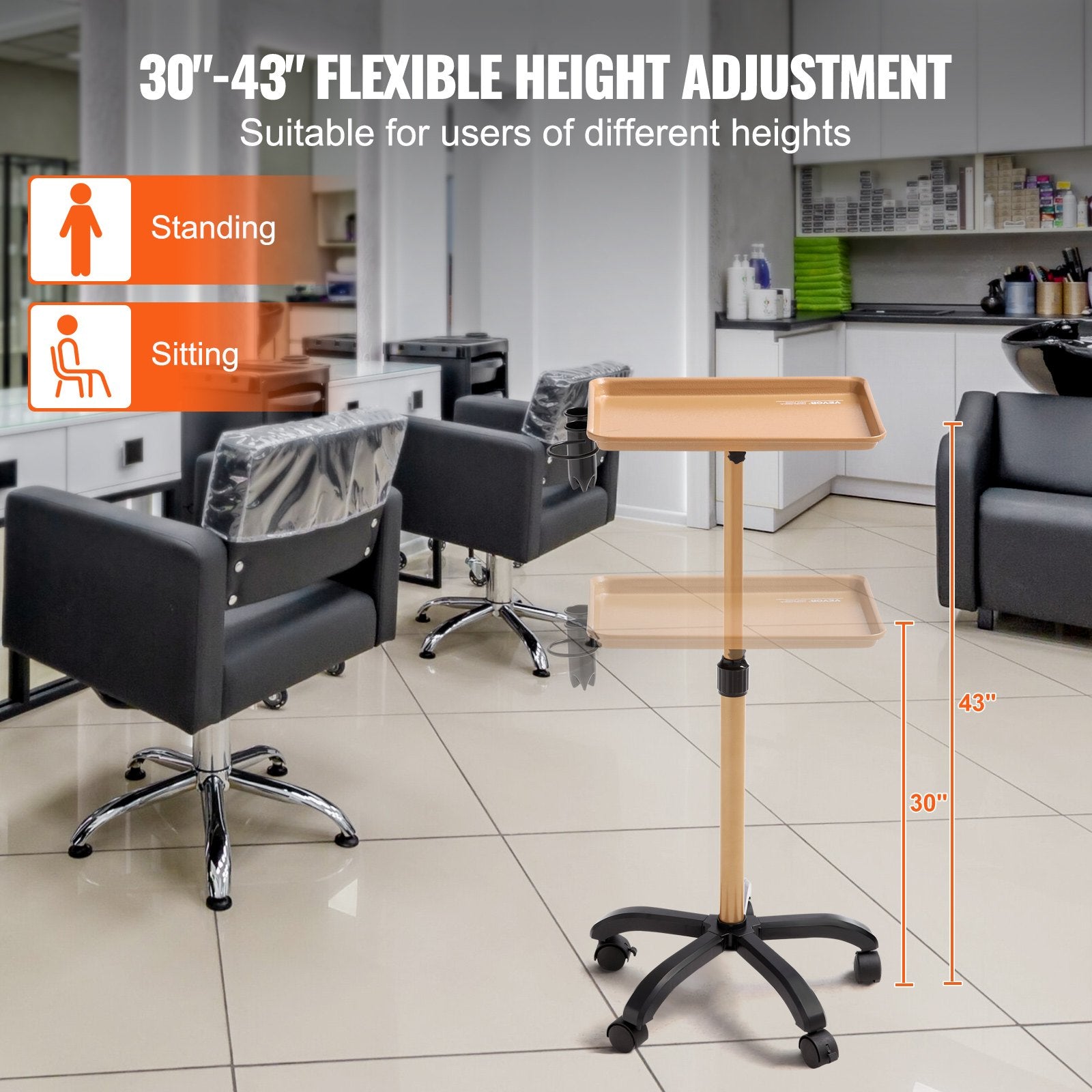 VEVOR Salon Tray Cart, 30"-43" Height Adjustable Rolling Salon Tray, Cold-rolled Plate Tattoo Tray with 5 Wheels (2 Lockable) for SPA Barber Clinic, Gold & Black 