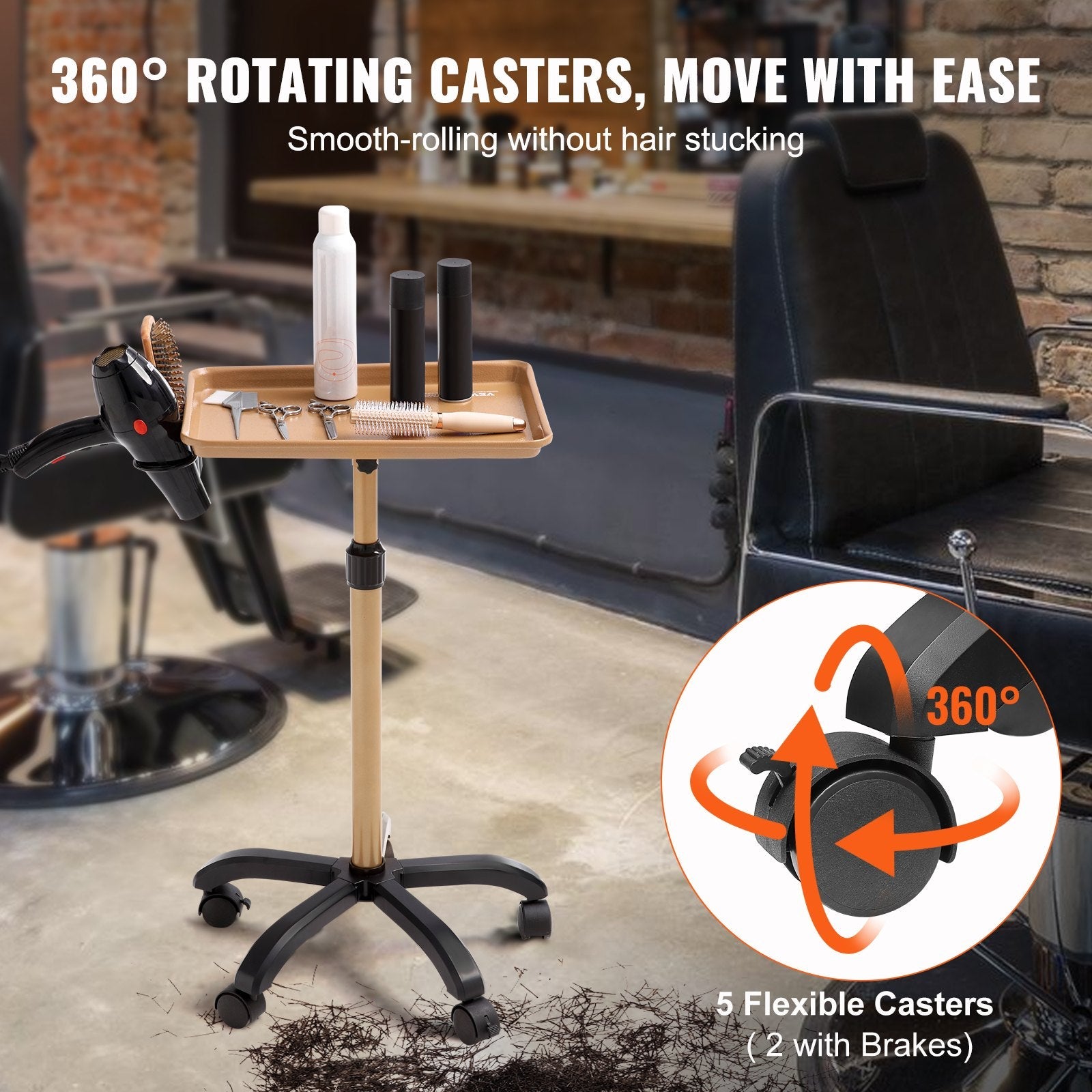 VEVOR Salon Tray Cart, 30"-43" Height Adjustable Rolling Salon Tray, Cold-rolled Plate Tattoo Tray with 5 Wheels (2 Lockable) for SPA Barber Clinic, Gold & Black 