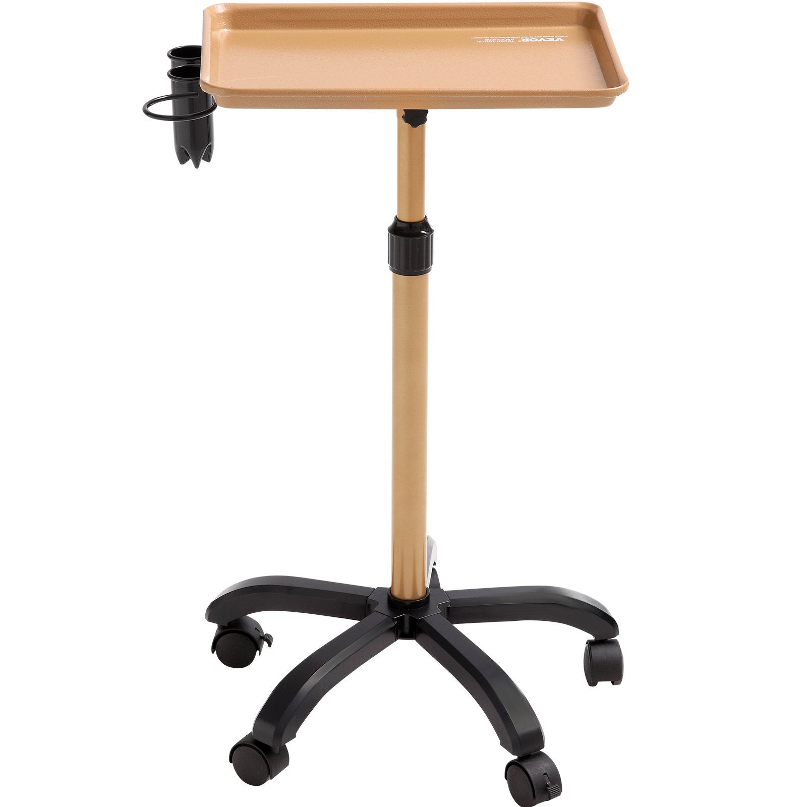VEVOR Salon Tray Cart, 30"-43" Height Adjustable Rolling Salon Tray, Cold-rolled Plate Tattoo Tray with 5 Wheels (2 Lockable) for SPA Barber Clinic, Gold & Black 