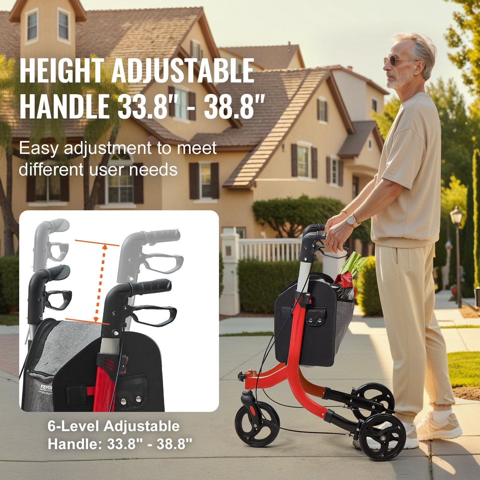 VEVOR 3 Wheels Rollator Walker for Seniors, Lightweight Aluminum Foldable Rolling Walker with Adjustable Handle, Outdoor Trio Mobility Walker with Large Wheels & Spacious Storage Bag, 260LBS Capacity 