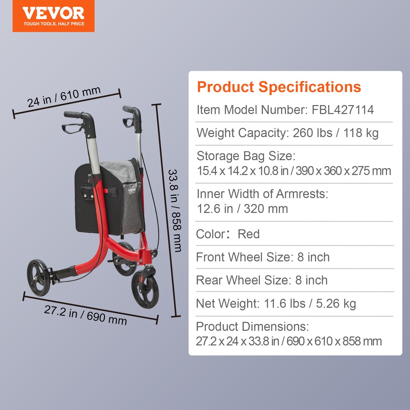 VEVOR 3 Wheels Rollator Walker for Seniors, Lightweight Aluminum Foldable Rolling Walker with Adjustable Handle, Outdoor Trio Mobility Walker with Large Wheels & Spacious Storage Bag, 260LBS Capacity 