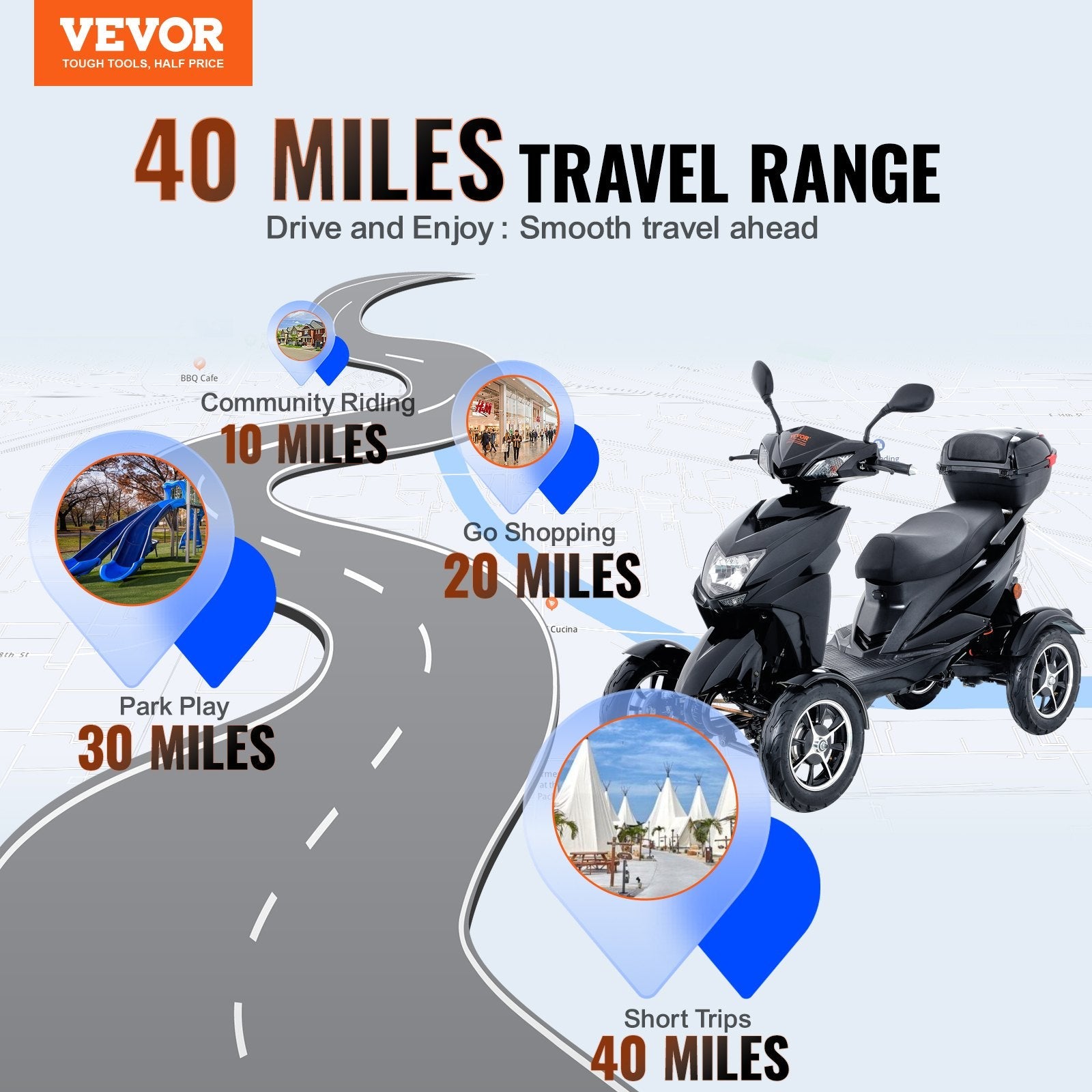 VEVOR Heavy Duty 4-Wheel Mobility Scooters 40 Miles 3-Speed 500W 450lbs Capacity 
