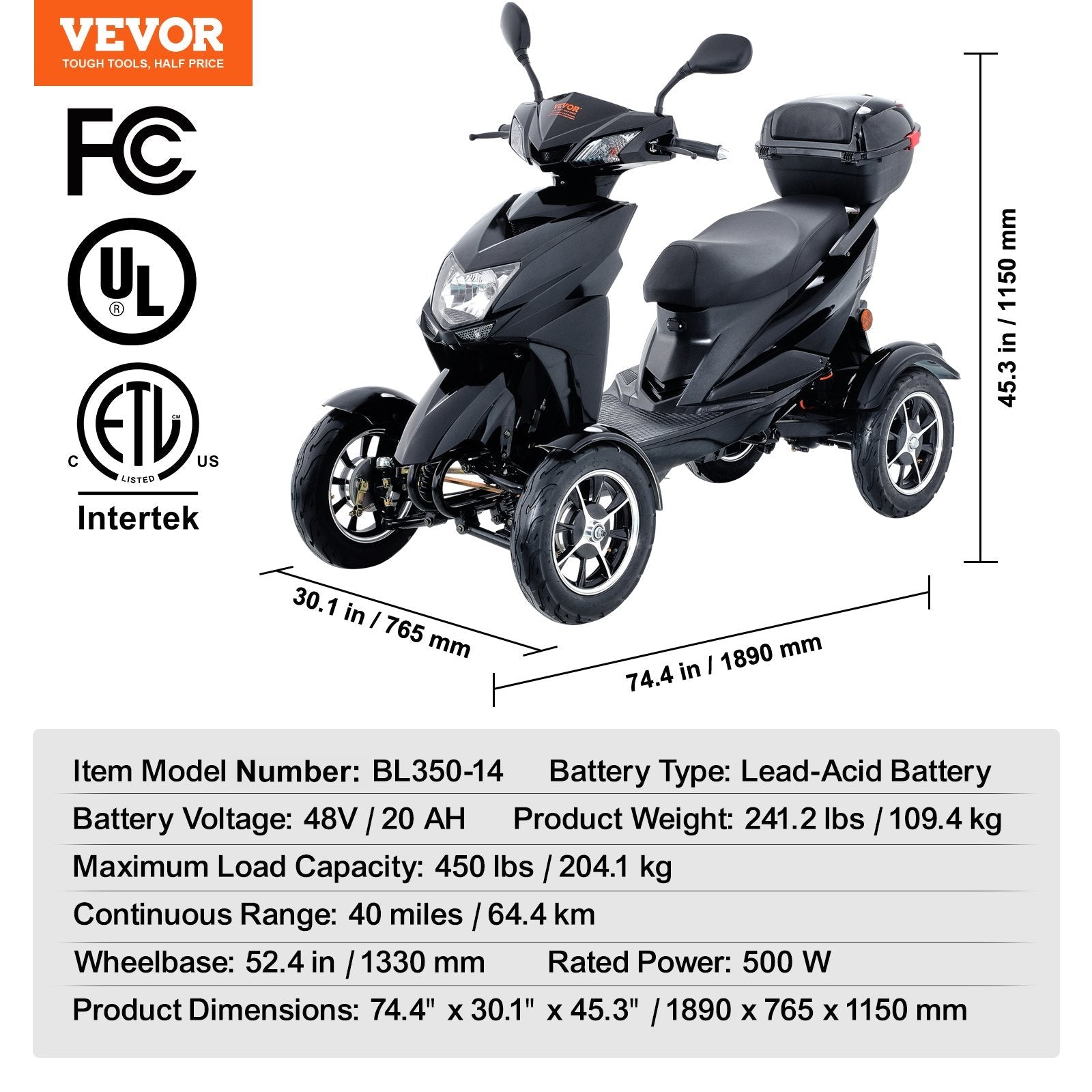 VEVOR Heavy Duty 4-Wheel Mobility Scooters 40 Miles 3-Speed 500W 450lbs Capacity 