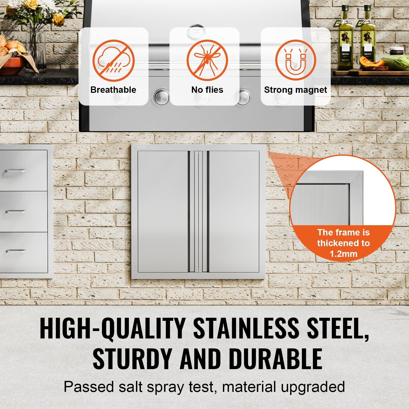 VEVOR BBQ Access Door, 24W x 24H Inch Double Outdoor Kitchen Door, Stainless Steel Flush Mount Door, Wall Vertical Door with Recessed Handles , for BBQ Island, Grilling Station, Outside Cabinet 