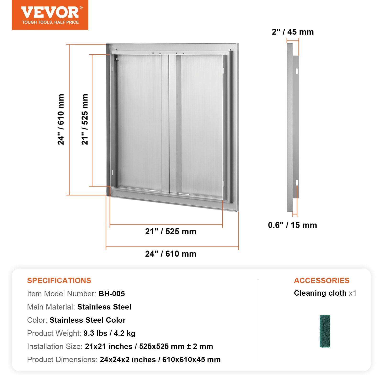VEVOR BBQ Access Door, 24W x 24H Inch Double Outdoor Kitchen Door, Stainless Steel Flush Mount Door, Wall Vertical Door with Recessed Handles , for BBQ Island, Grilling Station, Outside Cabinet 