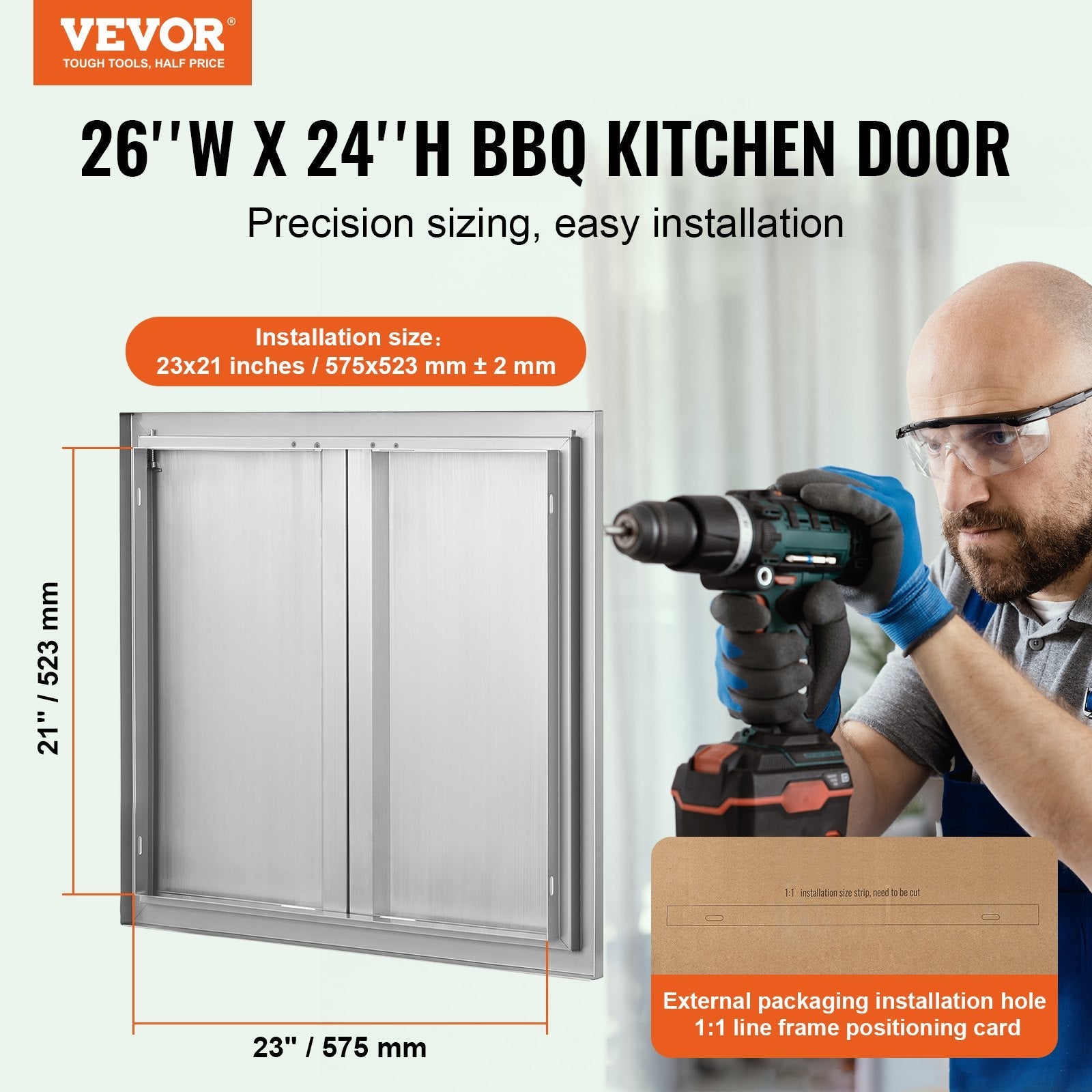 VEVOR BBQ Access Door, 26W x 24H Inch Double Outdoor Kitchen Door, Stainless Steel Flush Mount Door, Wall Vertical Door with Recessed Handles , for BBQ Island, Grilling Station, Outside Cabinet 
