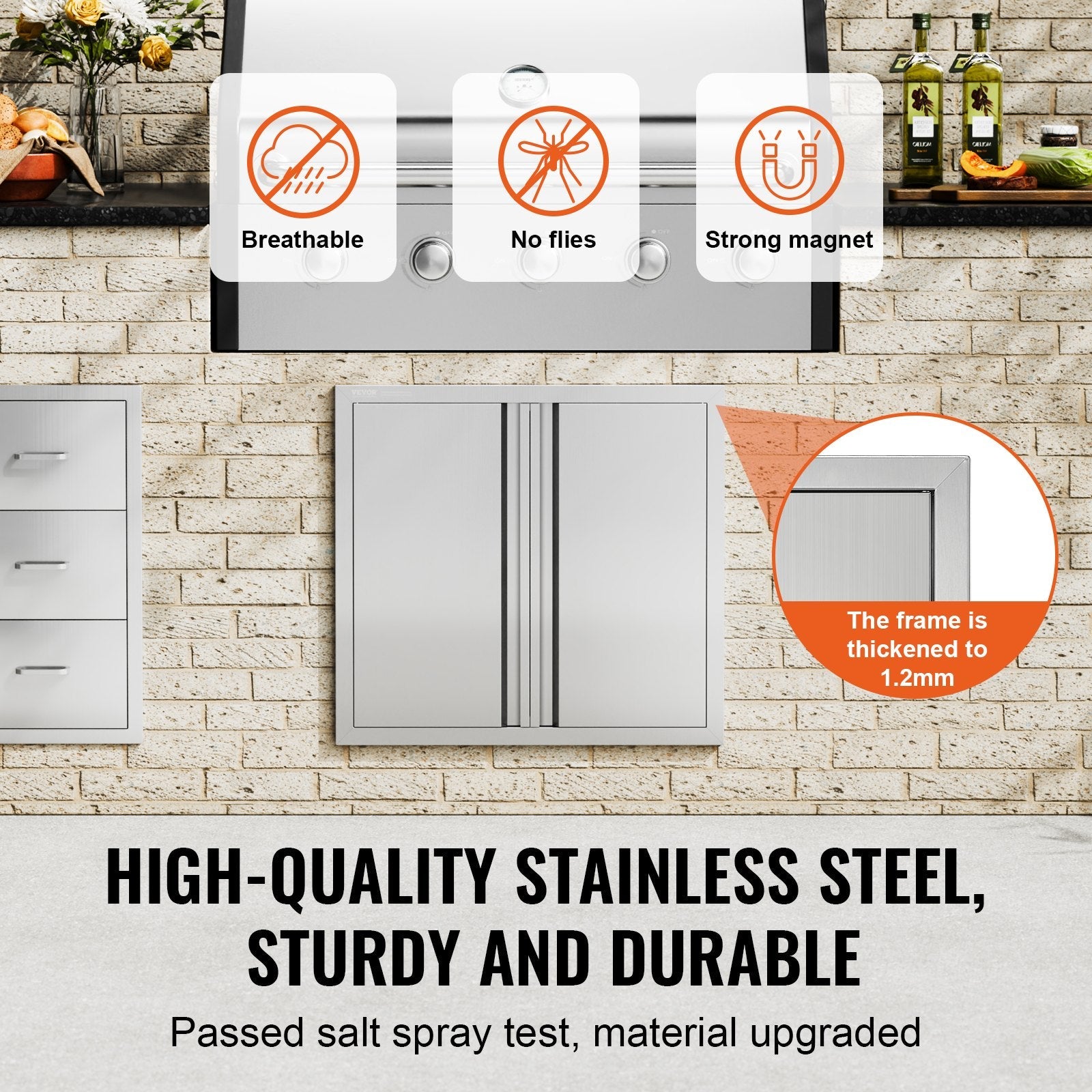 VEVOR BBQ Access Door, 26W x 24H Inch Double Outdoor Kitchen Door, Stainless Steel Flush Mount Door, Wall Vertical Door with Recessed Handles , for BBQ Island, Grilling Station, Outside Cabinet 
