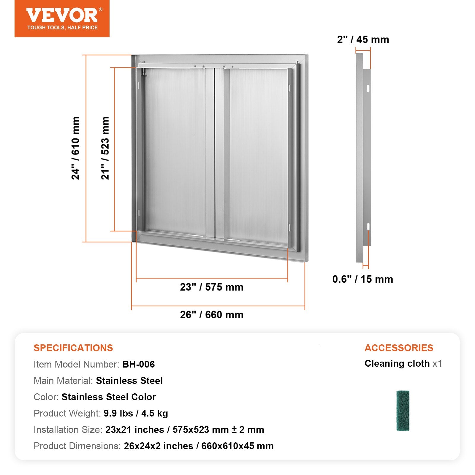 VEVOR BBQ Access Door, 26W x 24H Inch Double Outdoor Kitchen Door, Stainless Steel Flush Mount Door, Wall Vertical Door with Recessed Handles , for BBQ Island, Grilling Station, Outside Cabinet 