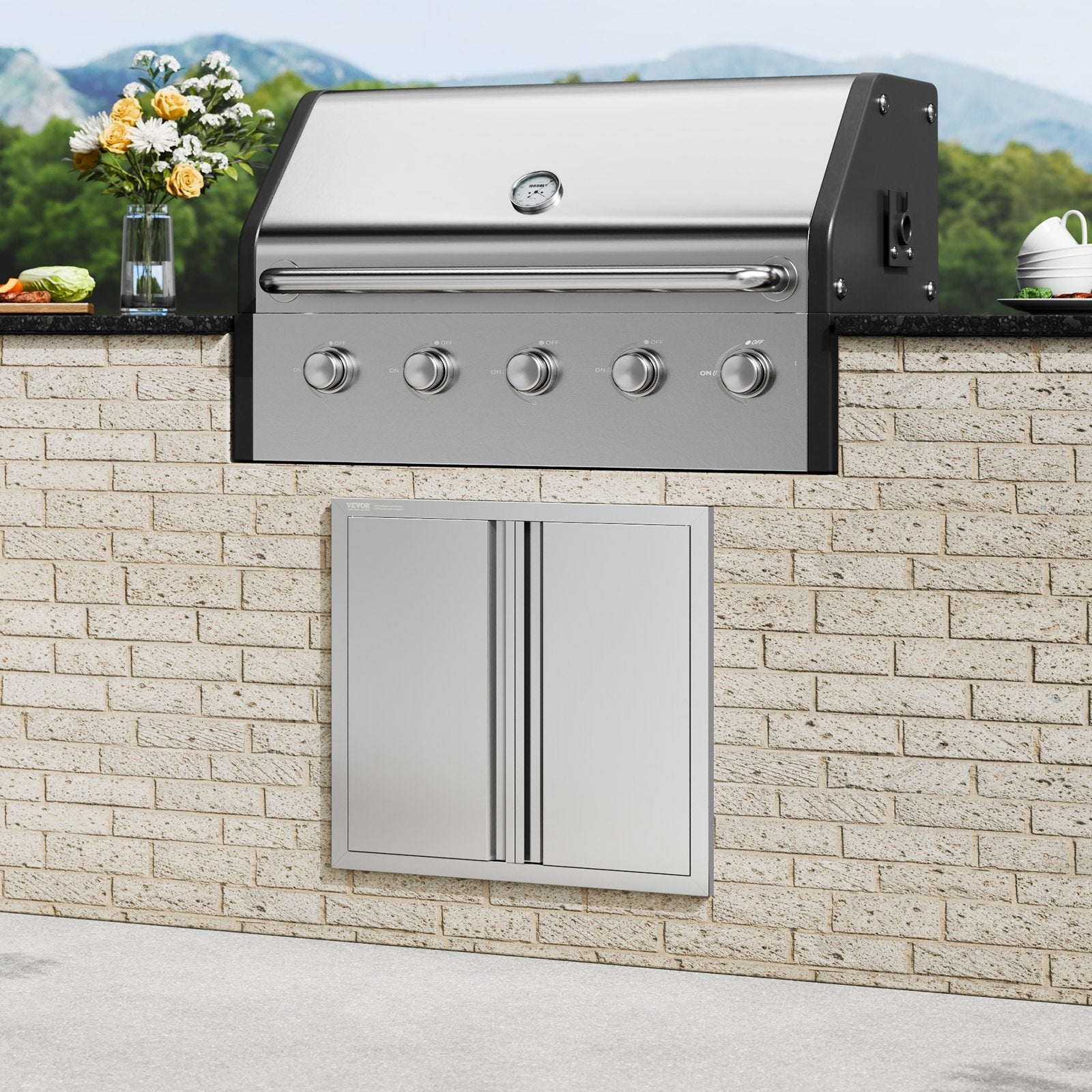 VEVOR BBQ Access Door, 26W x 24H Inch Double Outdoor Kitchen Door, Stainless Steel Flush Mount Door, Wall Vertical Door with Recessed Handles , for BBQ Island, Grilling Station, Outside Cabinet 