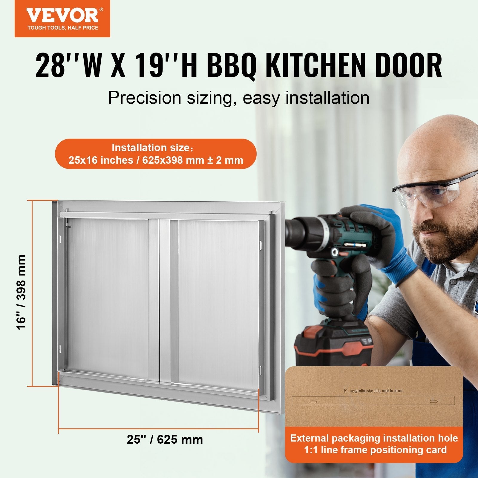 VEVOR BBQ Access Door, 28W x 19H Inch Double Outdoor Kitchen Door, Stainless Steel Flush Mount Door, Wall Vertical Door with Recessed Handles , for BBQ Island, Grilling Station, Outside Cabinet 