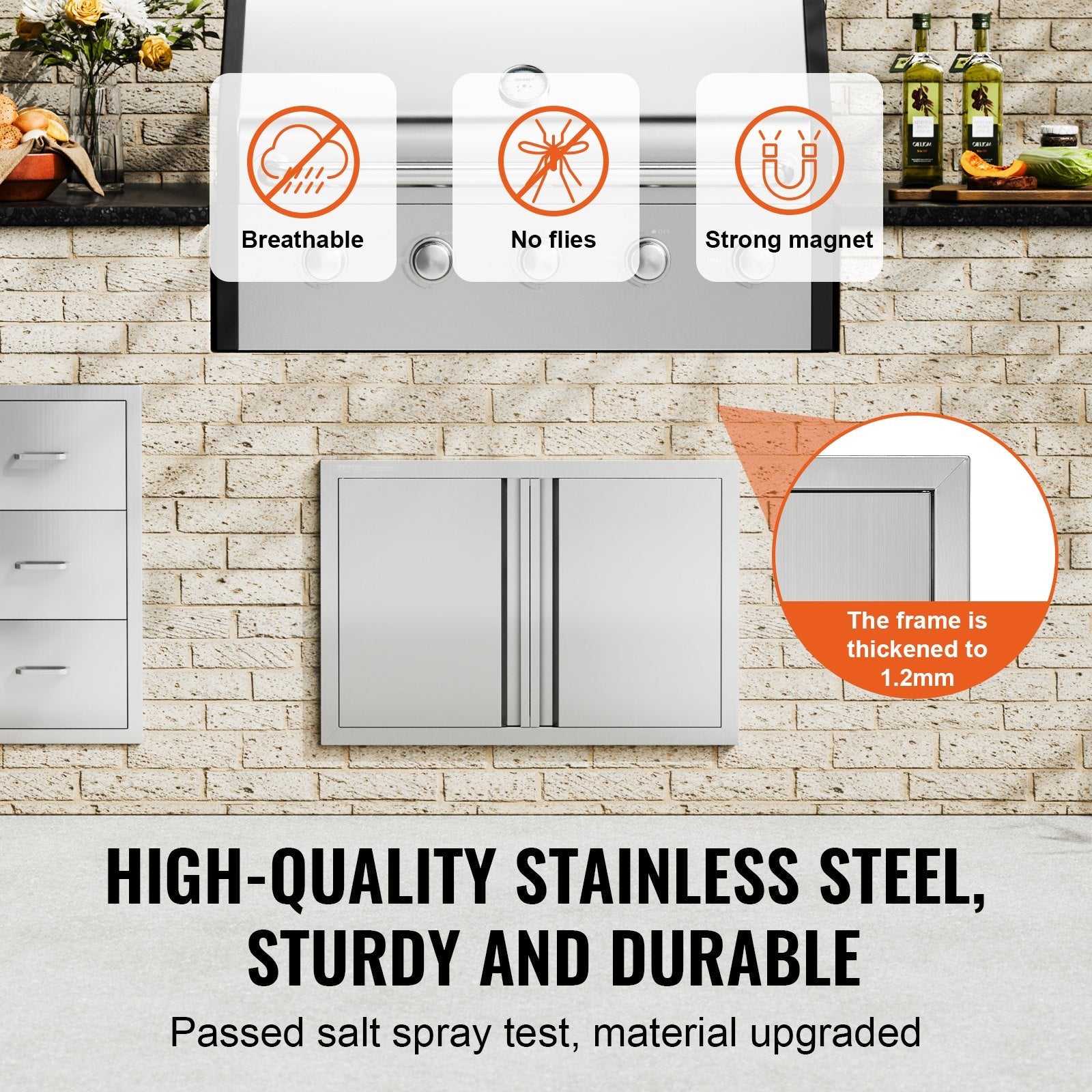 VEVOR BBQ Access Door, 28W x 19H Inch Double Outdoor Kitchen Door, Stainless Steel Flush Mount Door, Wall Vertical Door with Recessed Handles , for BBQ Island, Grilling Station, Outside Cabinet 