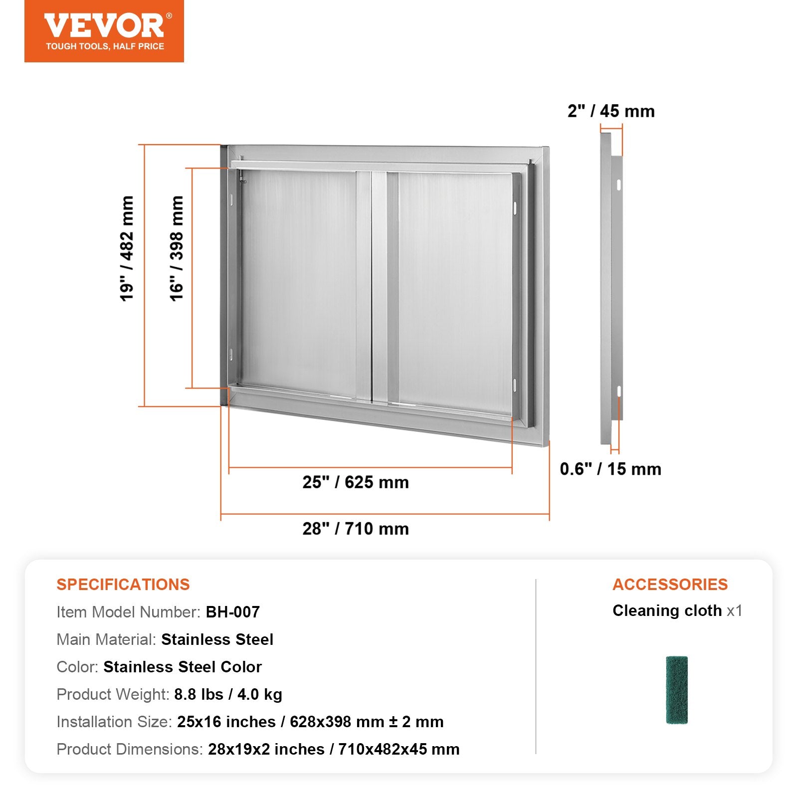 VEVOR BBQ Access Door, 28W x 19H Inch Double Outdoor Kitchen Door, Stainless Steel Flush Mount Door, Wall Vertical Door with Recessed Handles , for BBQ Island, Grilling Station, Outside Cabinet 