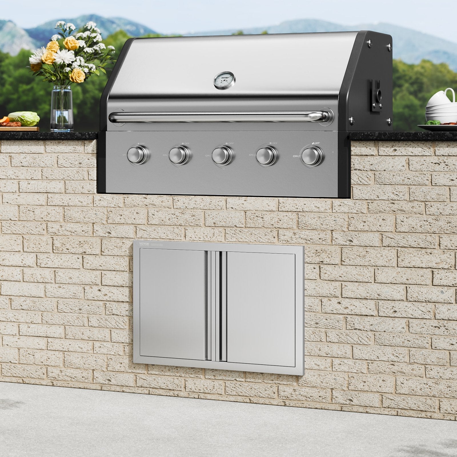 VEVOR BBQ Access Door, 28W x 19H Inch Double Outdoor Kitchen Door, Stainless Steel Flush Mount Door, Wall Vertical Door with Recessed Handles , for BBQ Island, Grilling Station, Outside Cabinet 