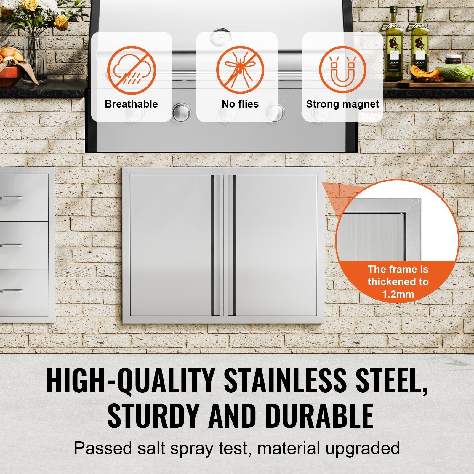 VEVOR BBQ Access Door, 31W x 24H Inch Double Outdoor Kitchen Door, Stainless Steel Flush Mount Door, Wall Vertical Door with Recessed Handles , for BBQ Island, Grilling Station, Outside Cabinet 