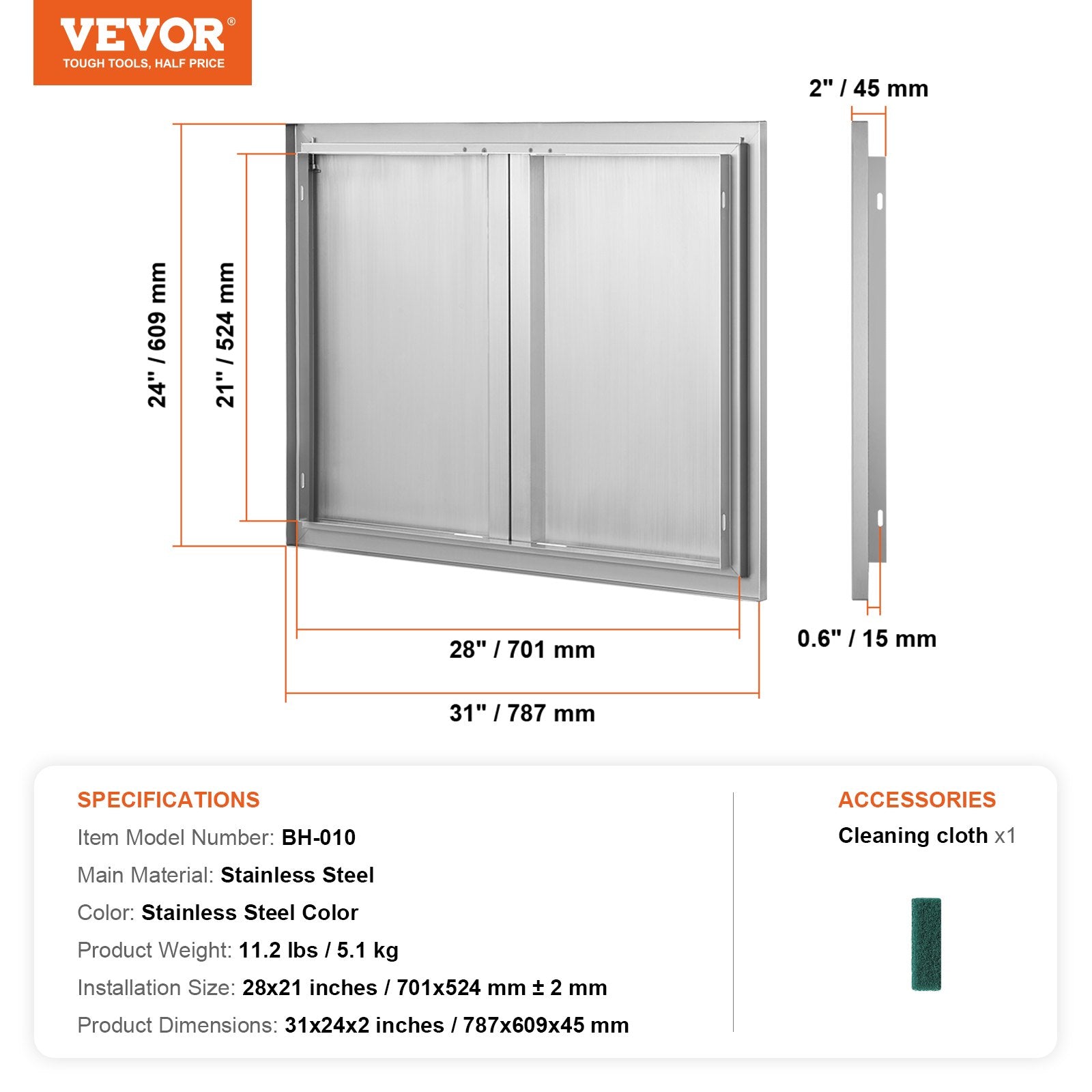 VEVOR BBQ Access Door, 31W x 24H Inch Double Outdoor Kitchen Door, Stainless Steel Flush Mount Door, Wall Vertical Door with Recessed Handles , for BBQ Island, Grilling Station, Outside Cabinet 