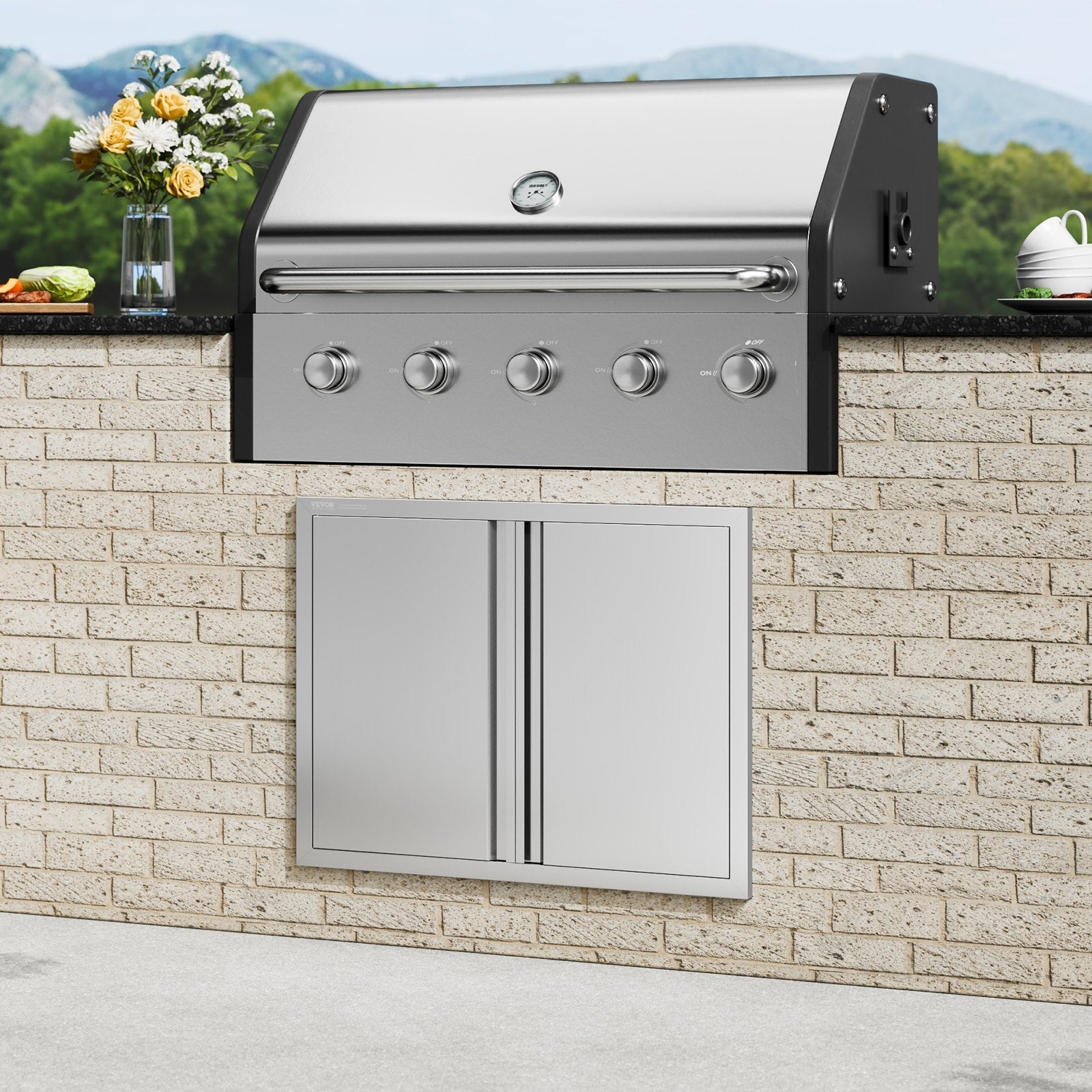VEVOR BBQ Access Door, 31W x 24H Inch Double Outdoor Kitchen Door, Stainless Steel Flush Mount Door, Wall Vertical Door with Recessed Handles , for BBQ Island, Grilling Station, Outside Cabinet 