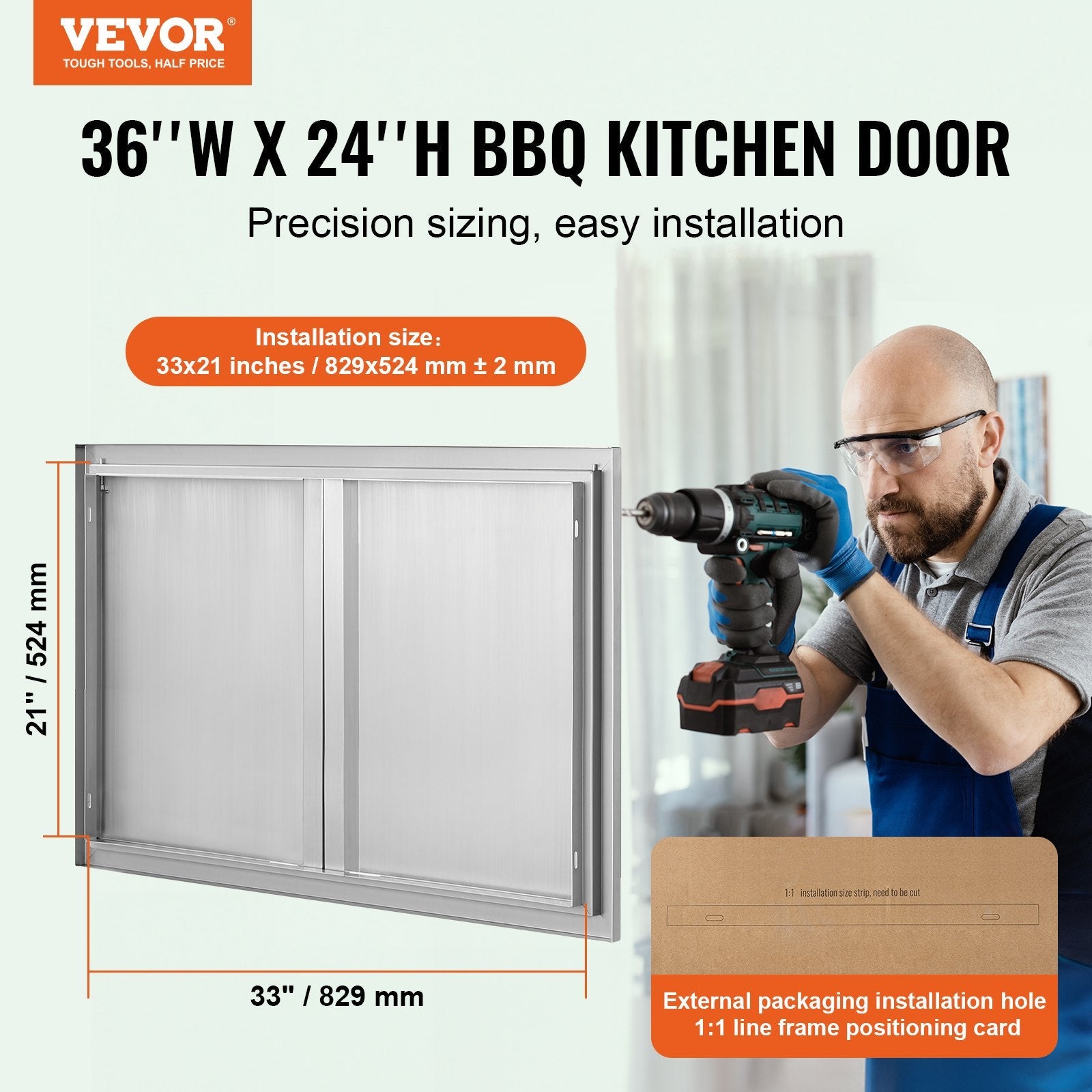VEVOR BBQ Access Door, 36W x 24H Inch Double Outdoor Kitchen Door, Stainless Steel Flush Mount Door, Wall Vertical Door with Recessed Handles , for BBQ Island, Grilling Station, Outside Cabinet 