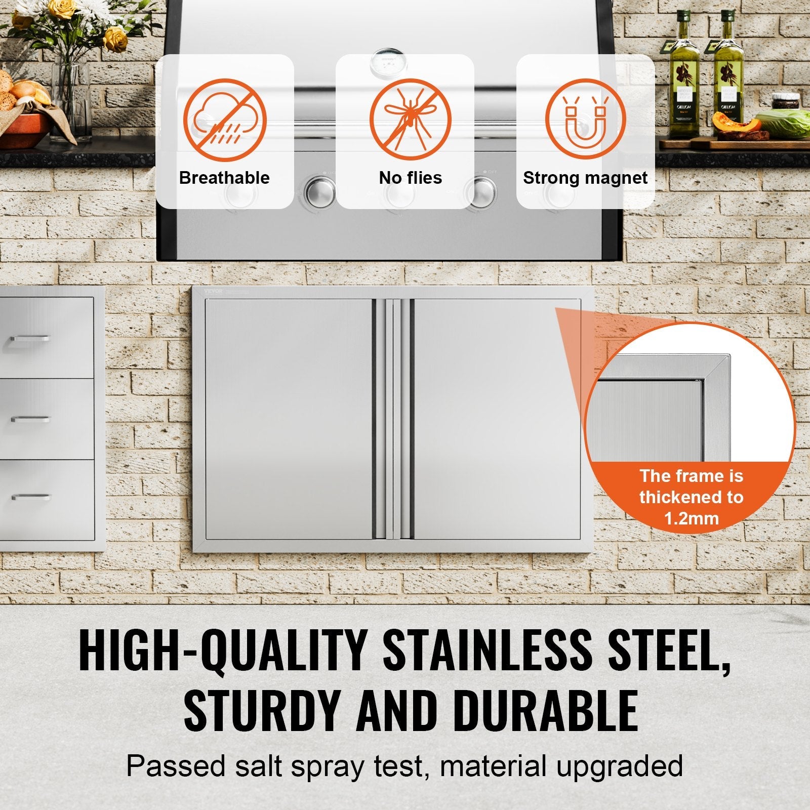 VEVOR BBQ Access Door, 36W x 24H Inch Double Outdoor Kitchen Door, Stainless Steel Flush Mount Door, Wall Vertical Door with Recessed Handles , for BBQ Island, Grilling Station, Outside Cabinet 