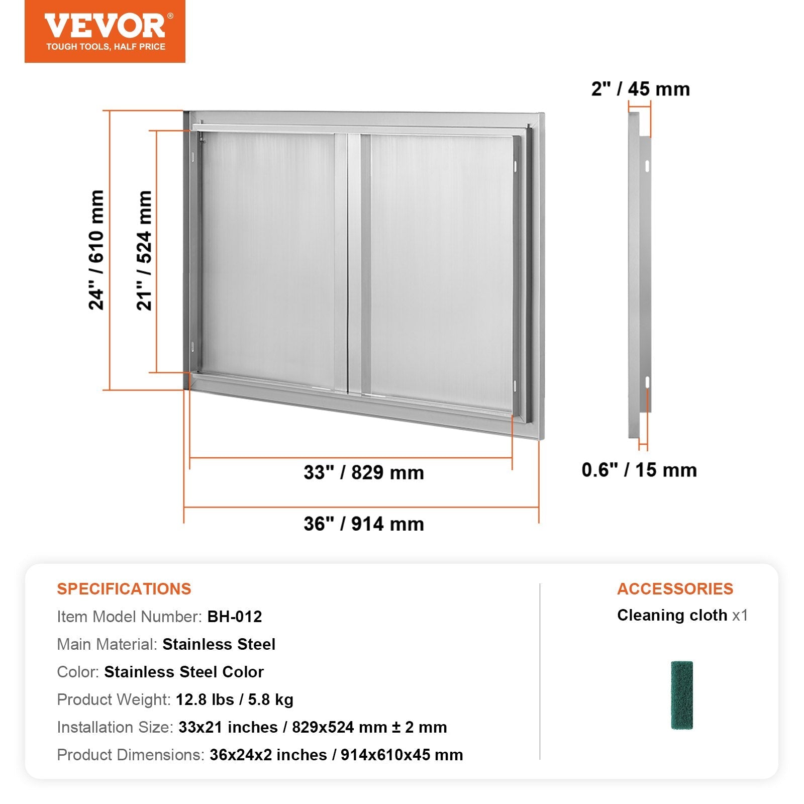 VEVOR BBQ Access Door, 36W x 24H Inch Double Outdoor Kitchen Door, Stainless Steel Flush Mount Door, Wall Vertical Door with Recessed Handles , for BBQ Island, Grilling Station, Outside Cabinet 