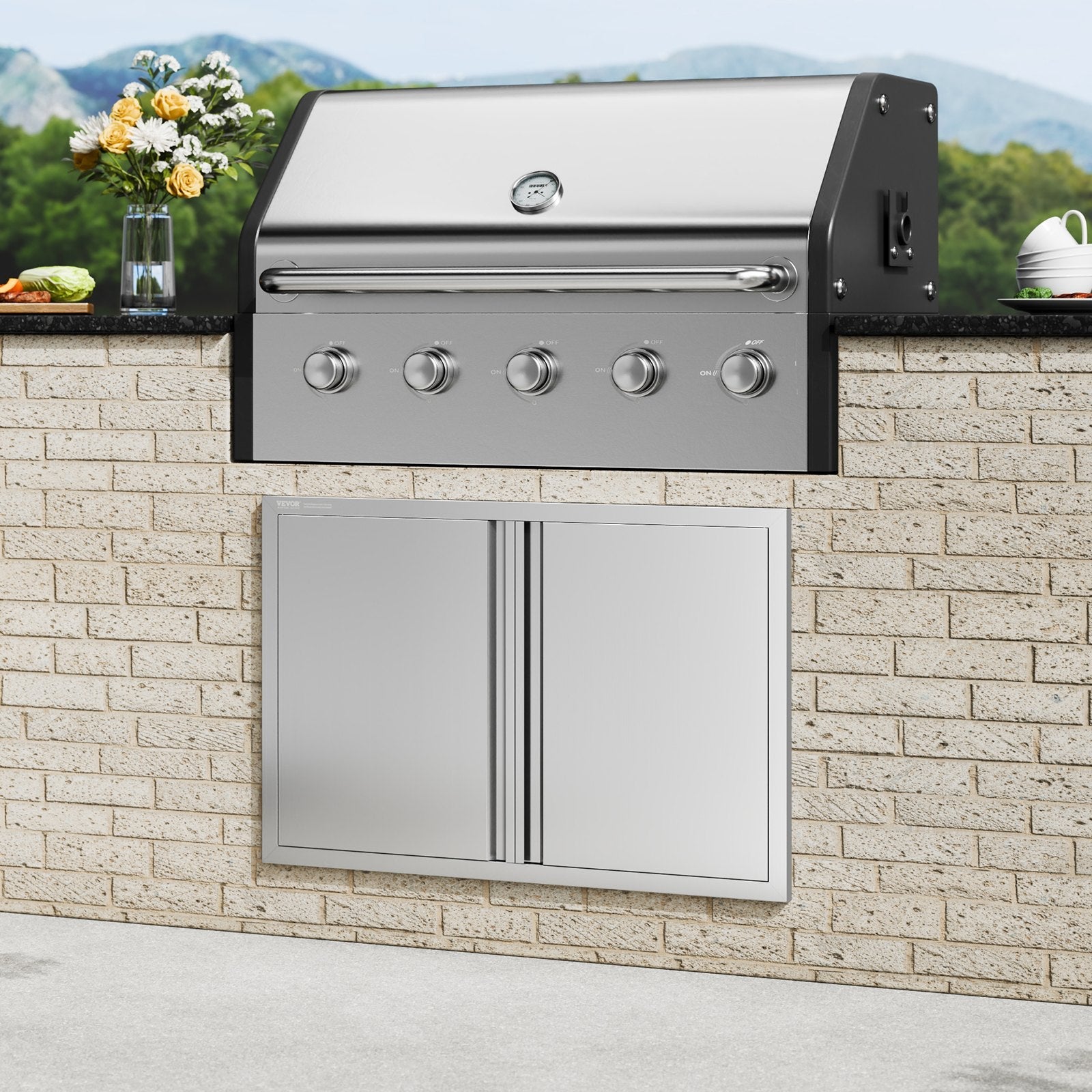 VEVOR BBQ Access Door, 36W x 24H Inch Double Outdoor Kitchen Door, Stainless Steel Flush Mount Door, Wall Vertical Door with Recessed Handles , for BBQ Island, Grilling Station, Outside Cabinet 