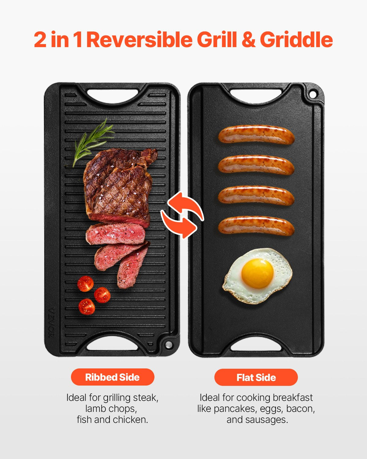 VEVOR 20x10 in Reversible Grill Griddle Pre-Seasoned BBQ Pan Cast Iron Black 