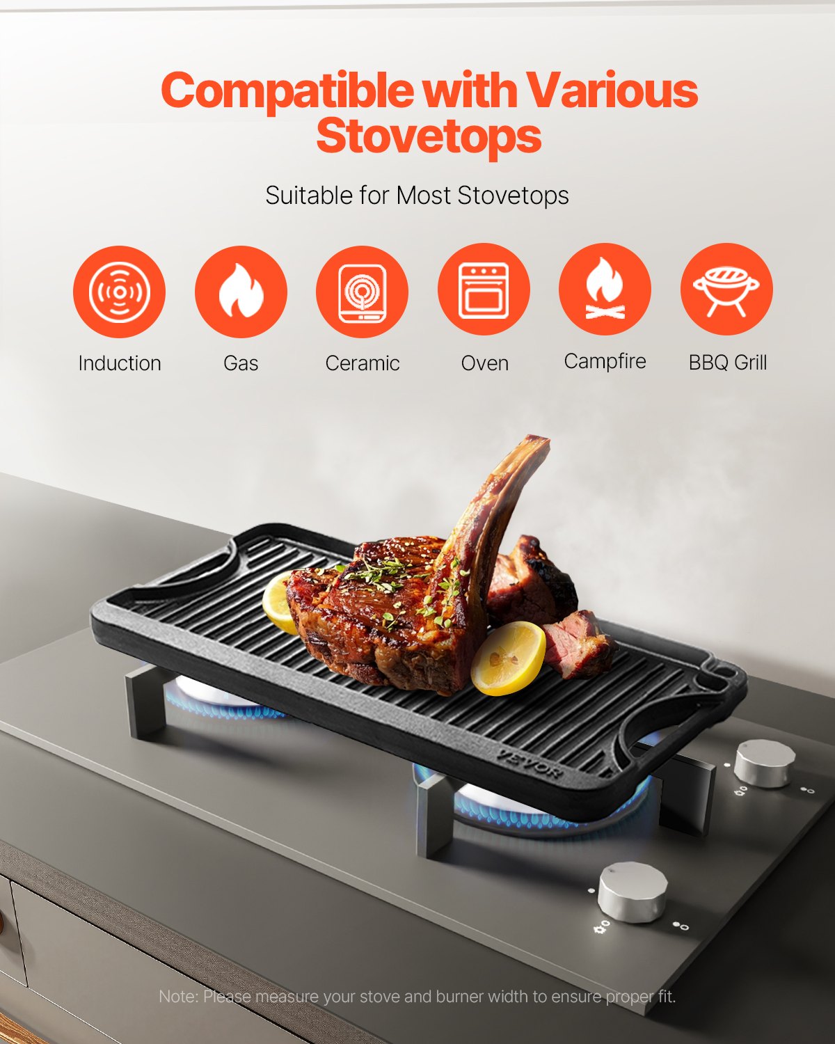 VEVOR 20x10 in Reversible Grill Griddle Pre-Seasoned BBQ Pan Cast Iron Black 