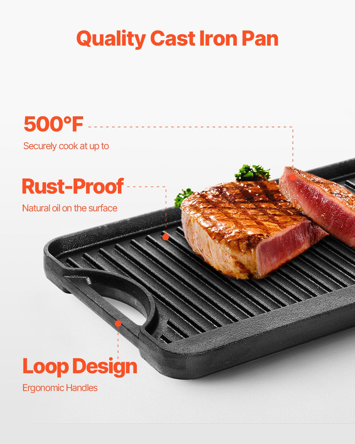 VEVOR 20x10 in Reversible Grill Griddle Pre-Seasoned BBQ Pan Cast Iron Black 
