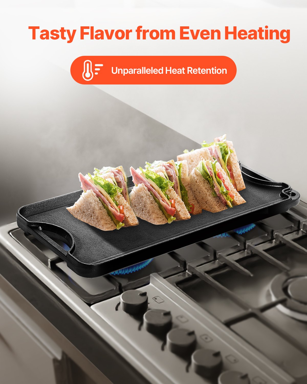 VEVOR 20x10 in Reversible Grill Griddle Pre-Seasoned BBQ Pan Cast Iron Black 