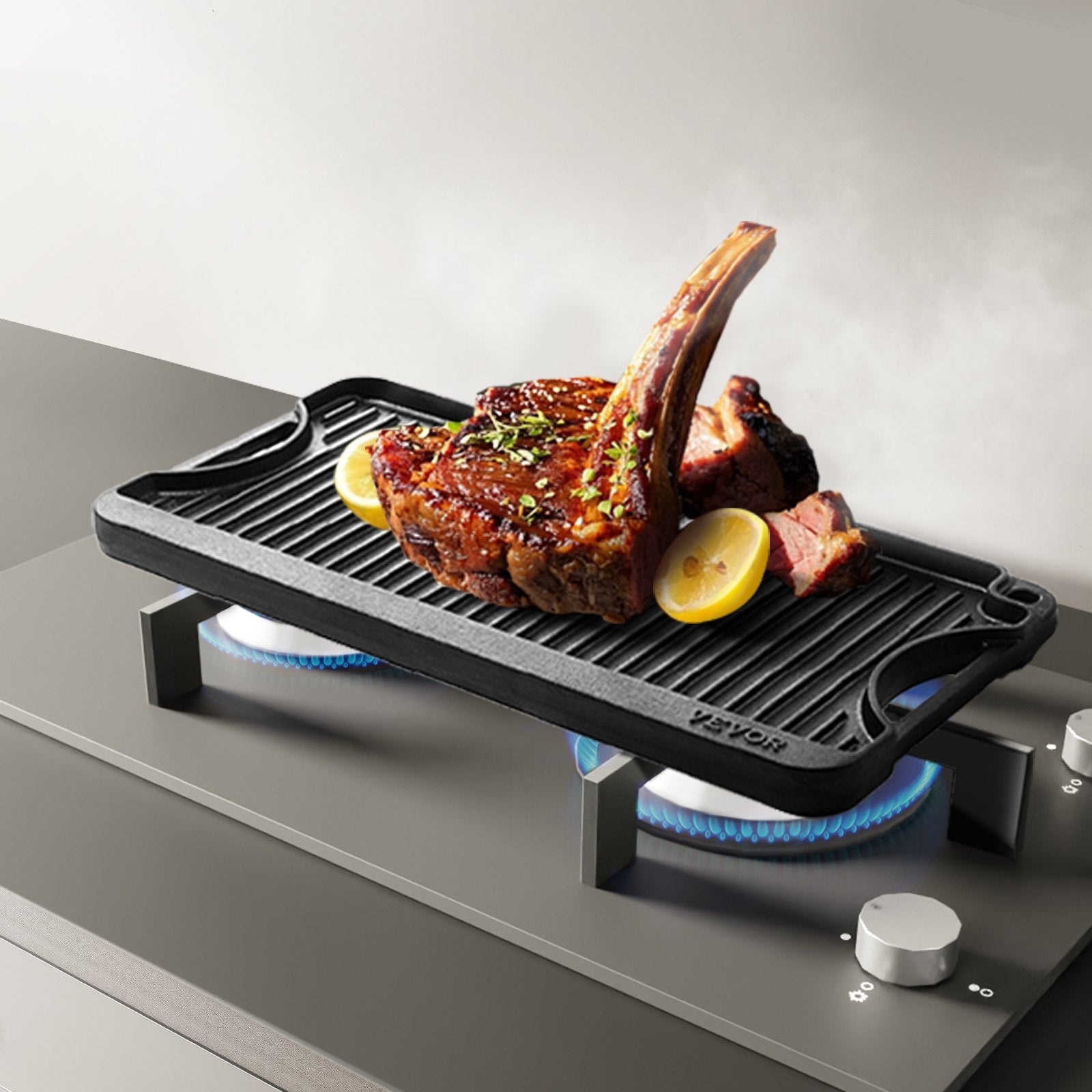 VEVOR 20x10 in Reversible Grill Griddle Pre-Seasoned BBQ Pan Cast Iron Black 