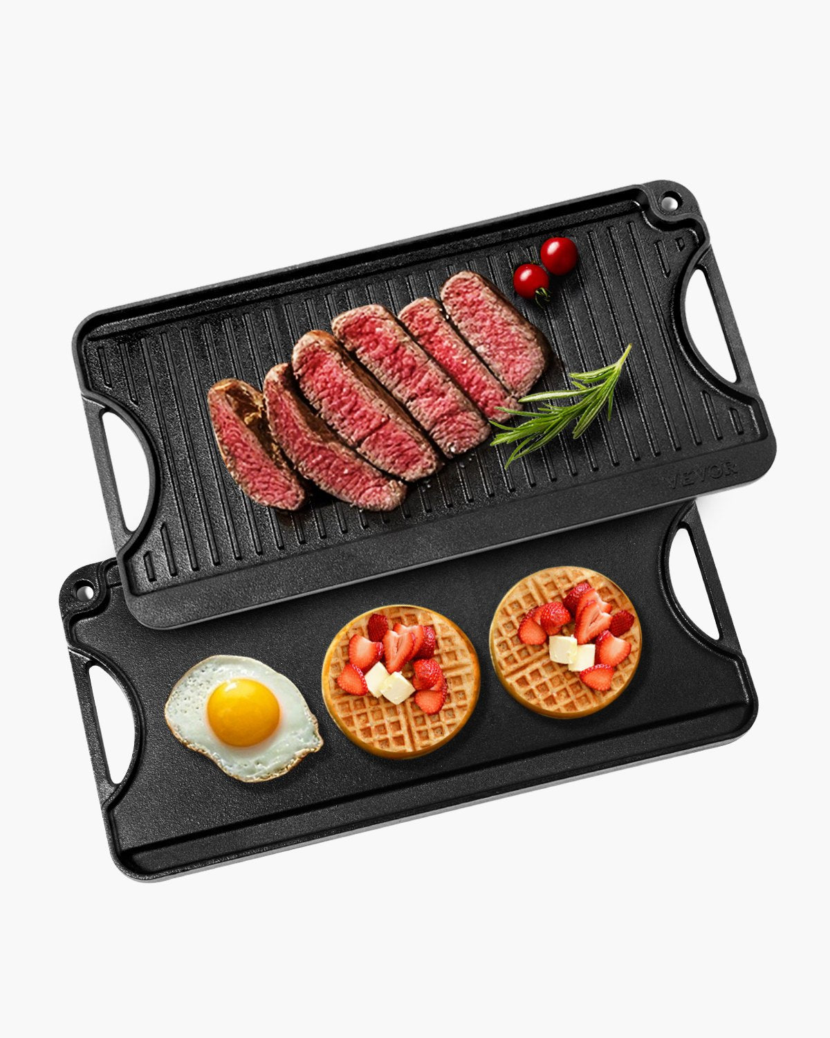 VEVOR 20x10 in Reversible Grill Griddle Pre-Seasoned BBQ Pan Cast Iron Black 