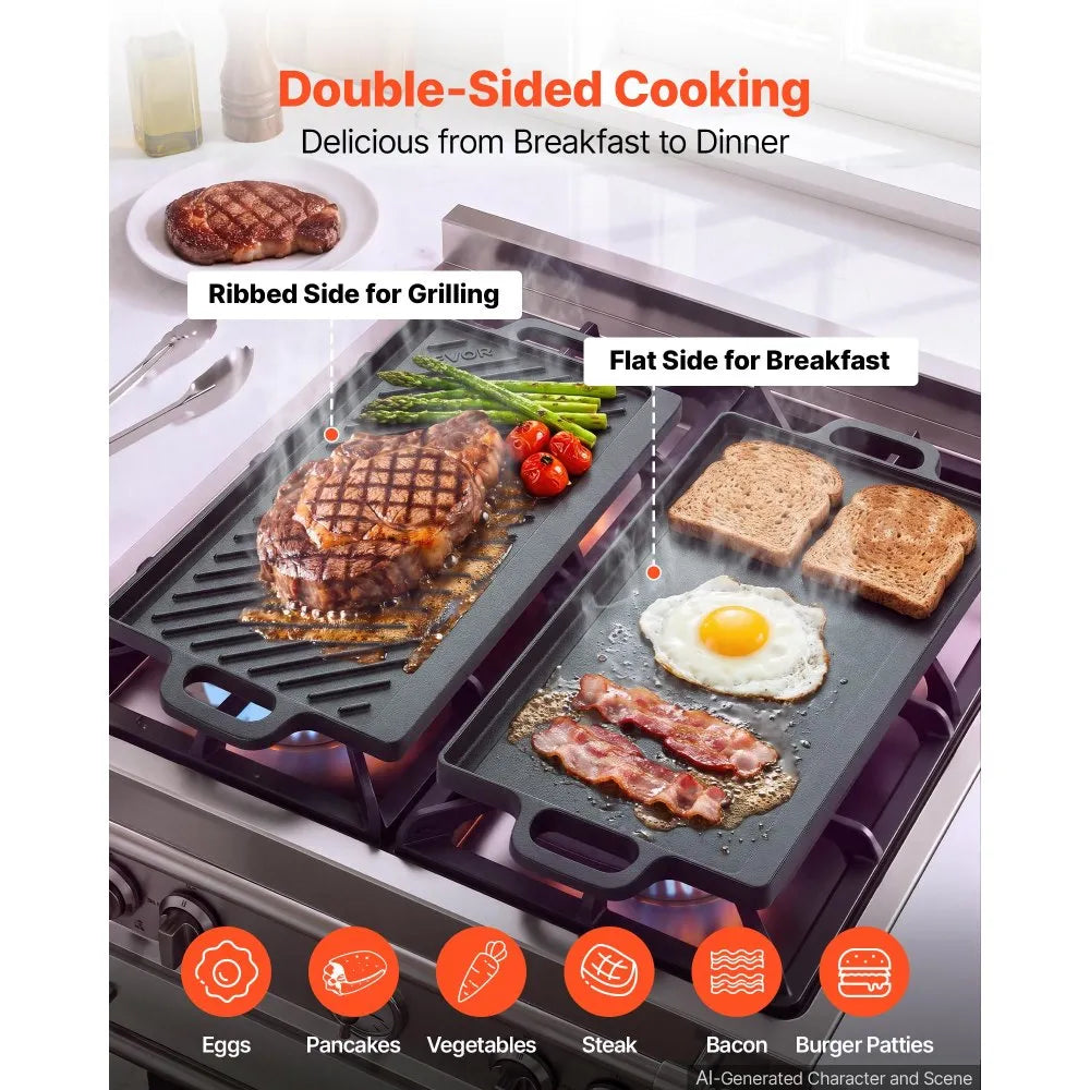 Reversible Cast Iron Grill & Griddle – 20" x 9" Dual-Sided BBQ Pan