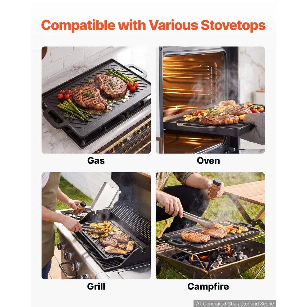 Reversible Cast Iron Grill & Griddle – 20" x 9" Dual-Sided BBQ Pan