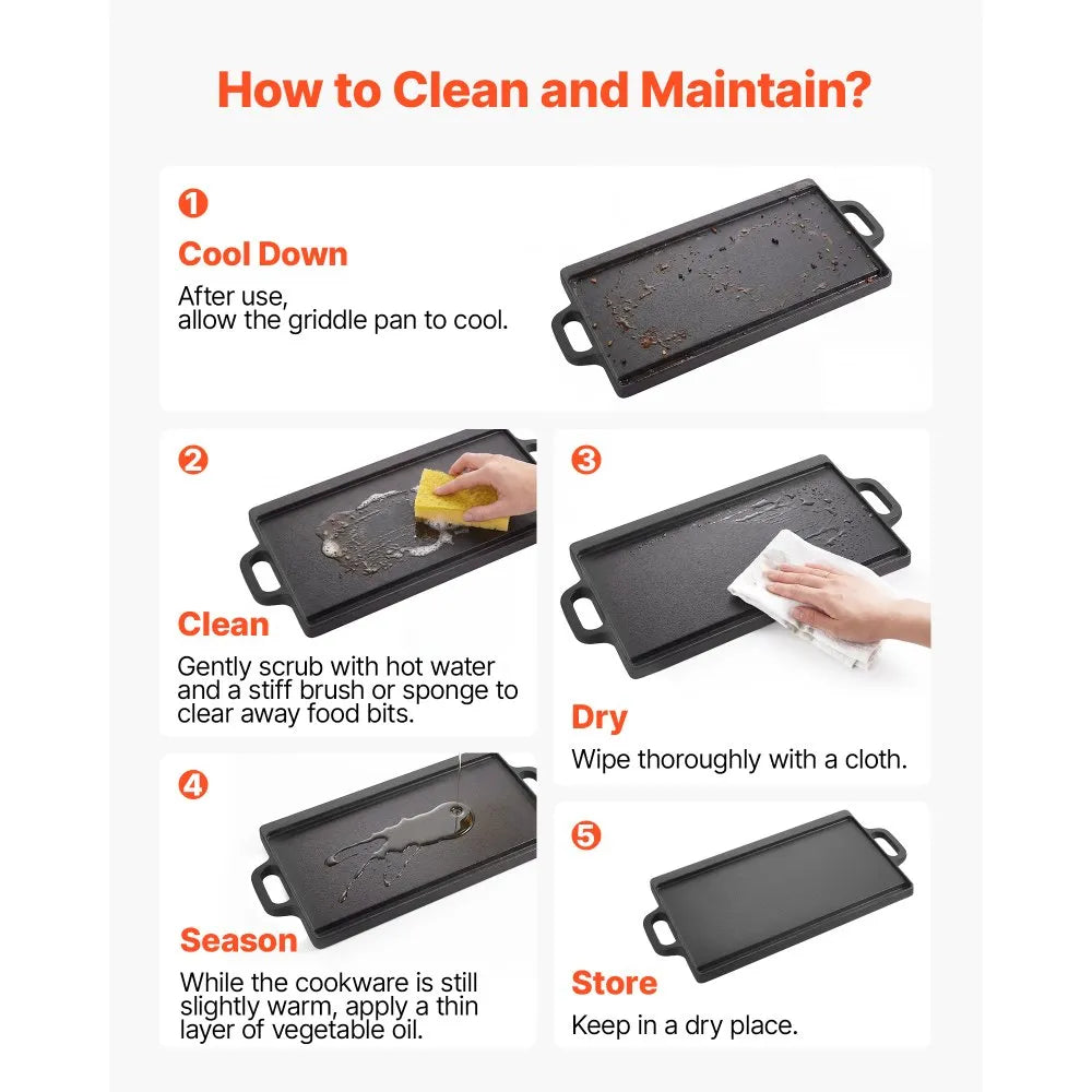 Reversible Cast Iron Grill & Griddle – 20" x 9" Dual-Sided BBQ Pan