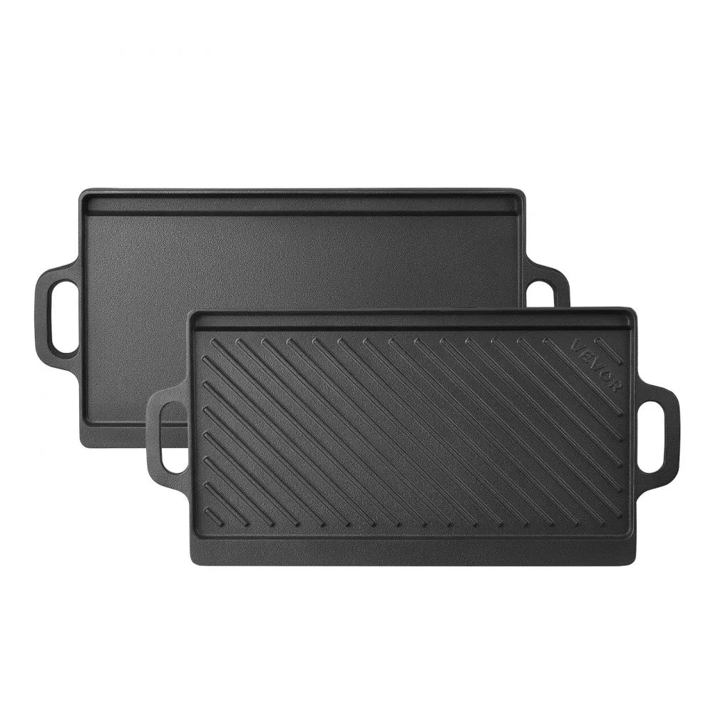 Reversible Cast Iron Grill & Griddle – 20" x 9" Dual-Sided BBQ Pan