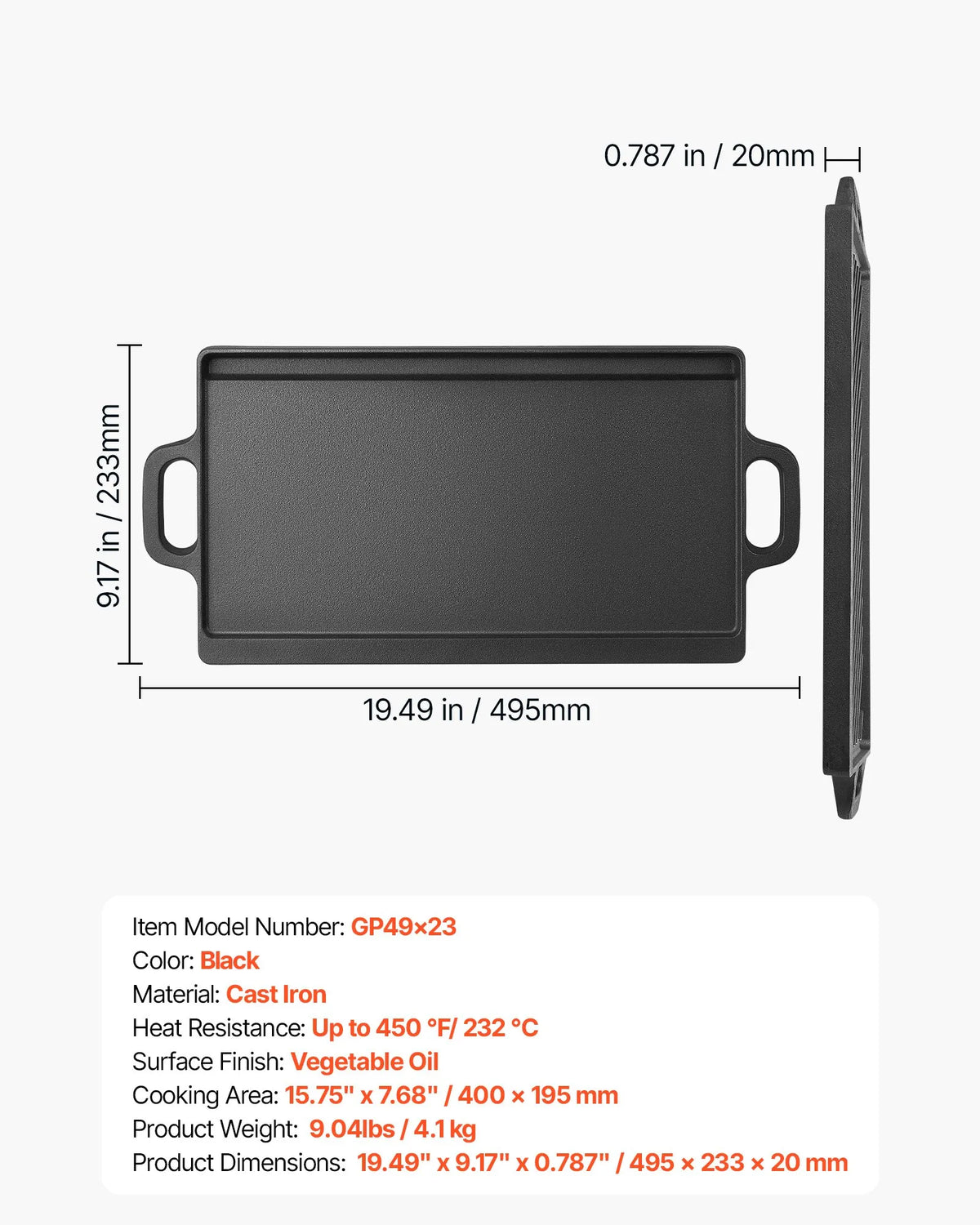 Reversible Cast Iron Grill & Griddle – 20" x 9" Dual-Sided BBQ Pan