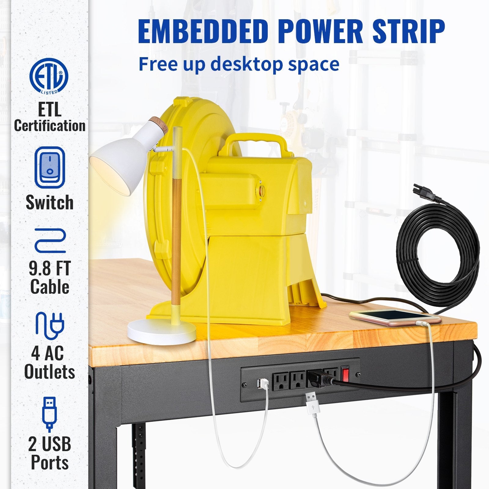 VEVOR Workbench Adjustable Height, 48"L X 20"W X 38.1"H Garage Table w/ 28.3" - 38.1" Heights & 2000 LBS Load Capacity, with Power Outlets & Hardwood Top & Metal Frame & Foot Pads, for Office Home 