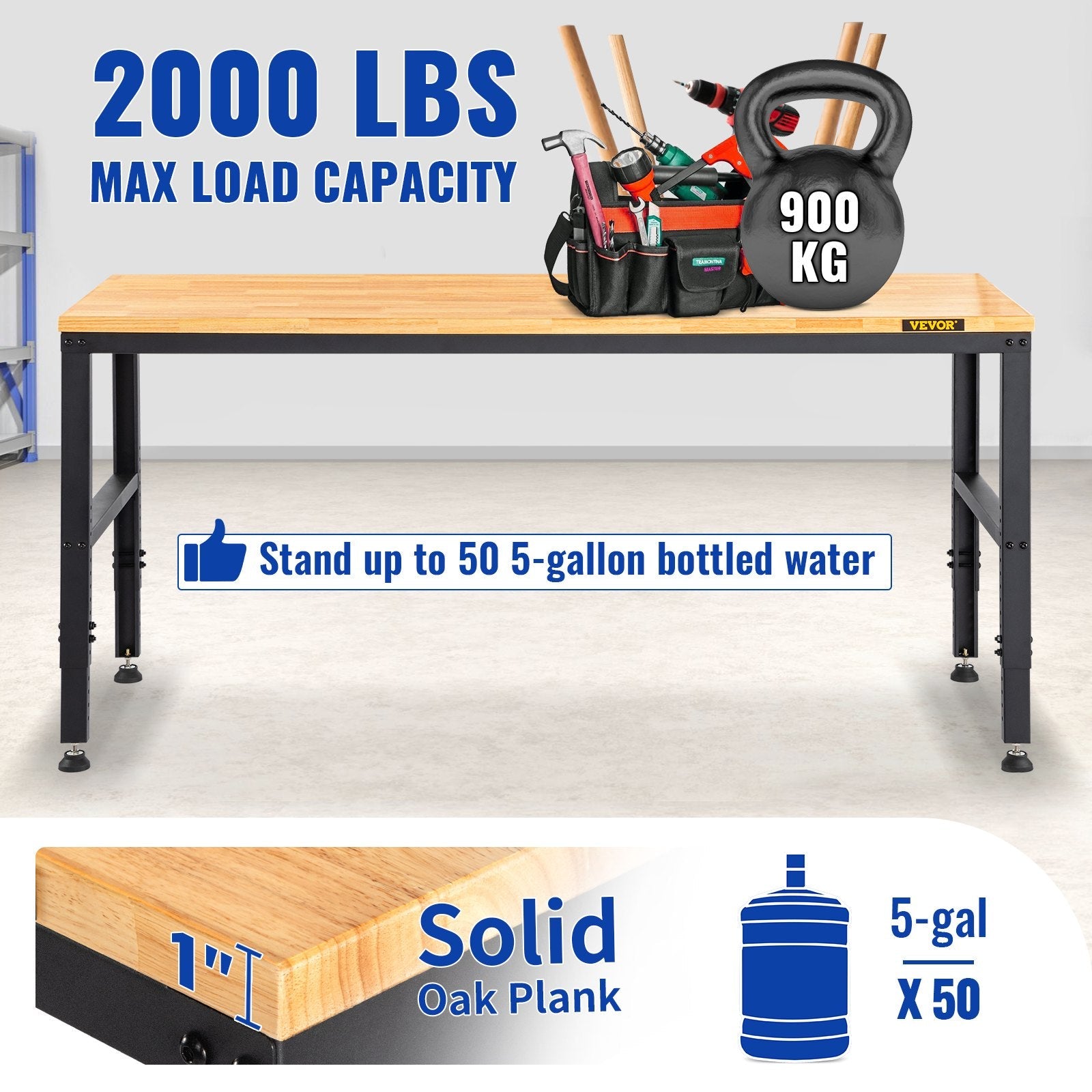 VEVOR Workbench Adjustable Height, 48"L X 20"W X 38.1"H Garage Table w/ 28.3" - 38.1" Heights & 2000 LBS Load Capacity, with Power Outlets & Hardwood Top & Metal Frame & Foot Pads, for Office Home 