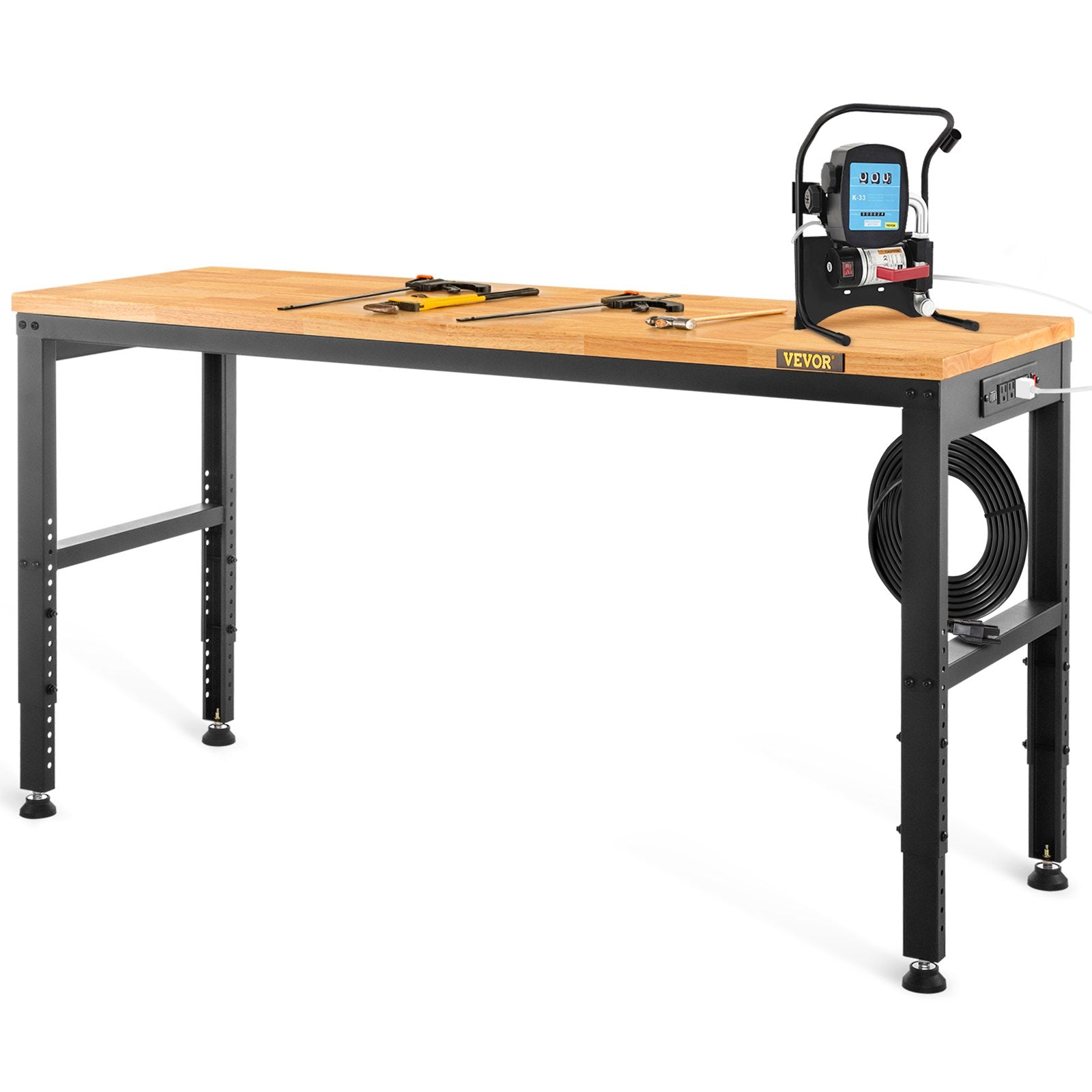 VEVOR Workbench Adjustable Height, 48"L X 20"W X 38.1"H Garage Table w/ 28.3" - 38.1" Heights & 2000 LBS Load Capacity, with Power Outlets & Hardwood Top & Metal Frame & Foot Pads, for Office Home 